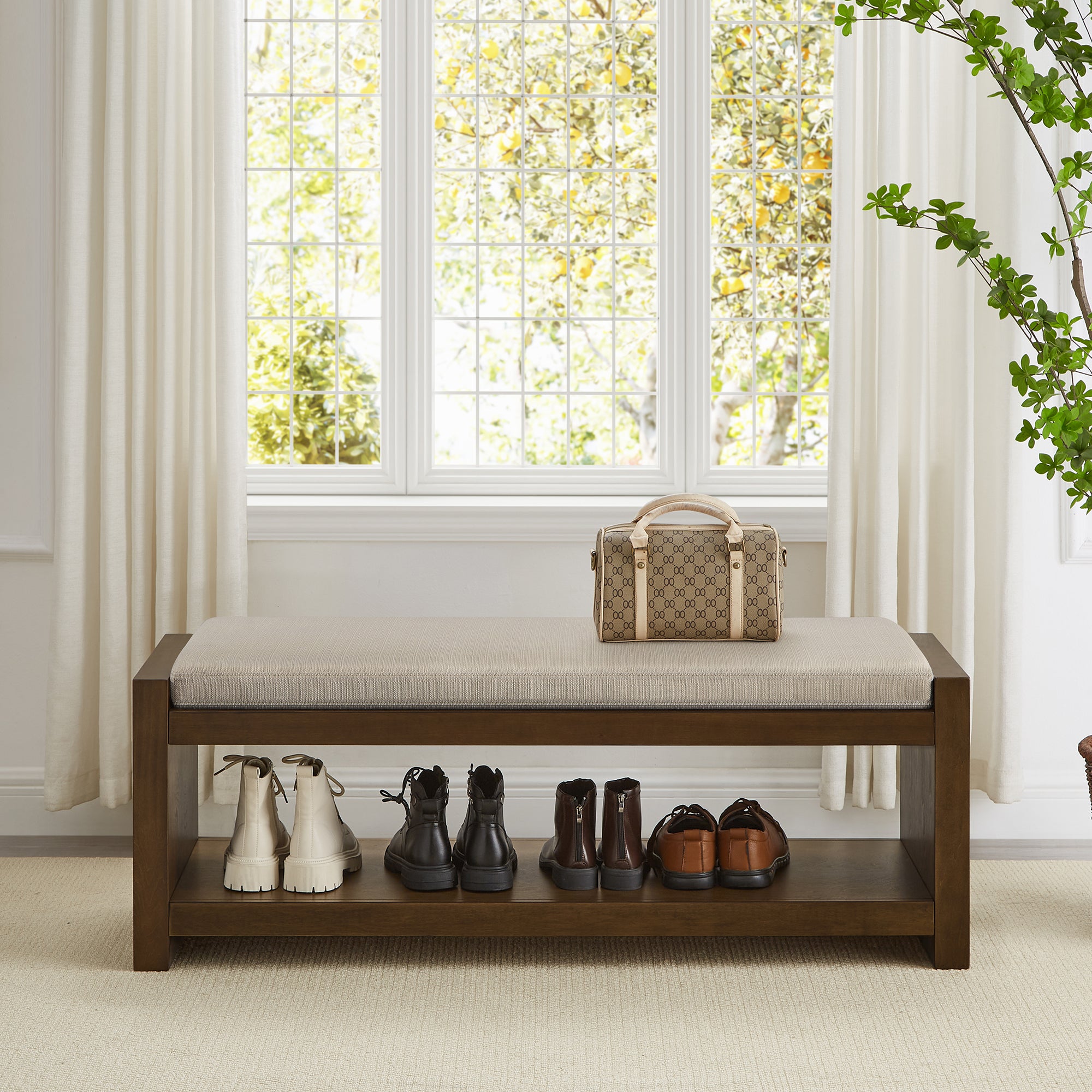 Accent Bench with Lower Shelf Shoe Rack and Padded Seating