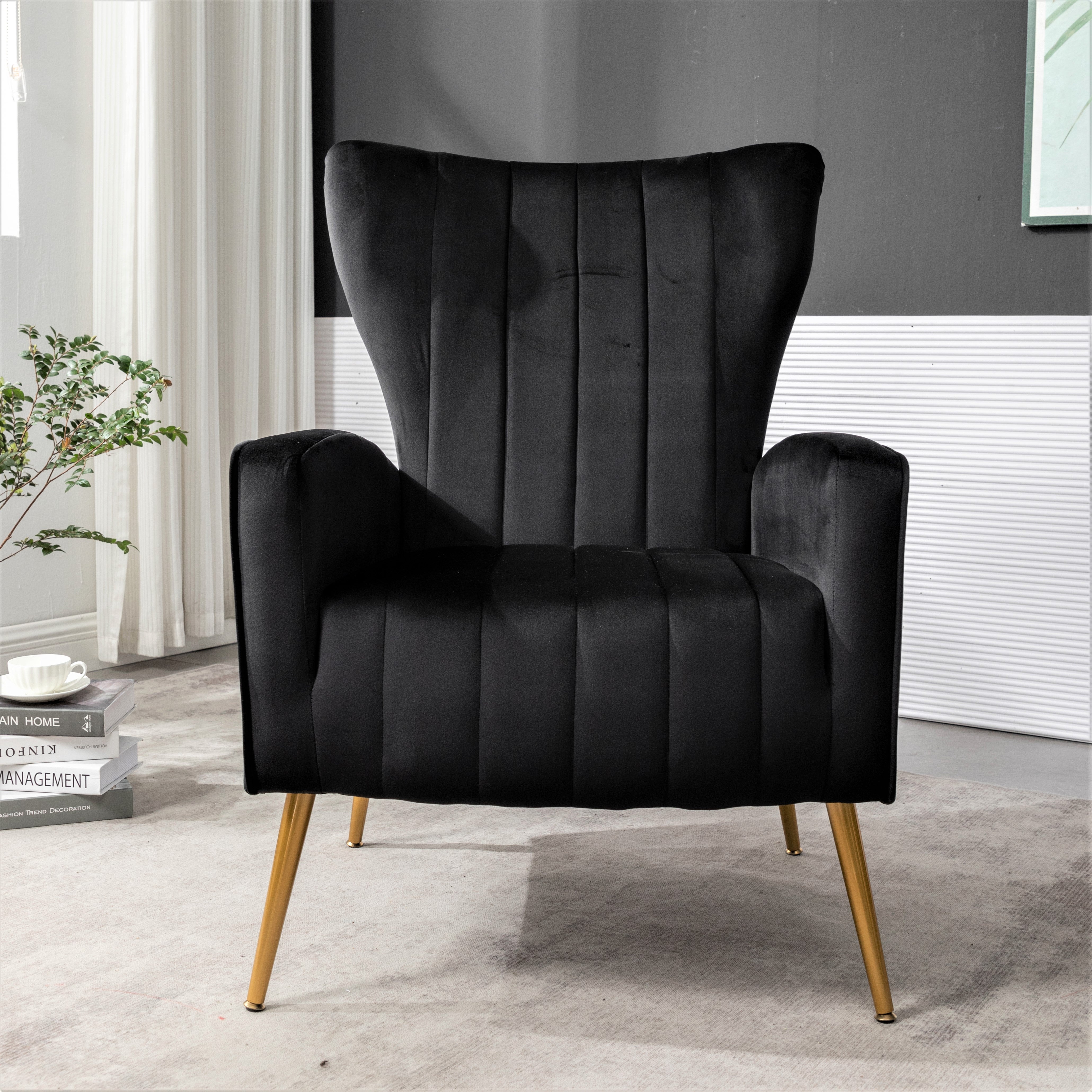 Velvet Accent Chair with Metal Legs, Modern Upholstered Armchair, Wingback Side Chair for Living Room Bedroom Small Spaces