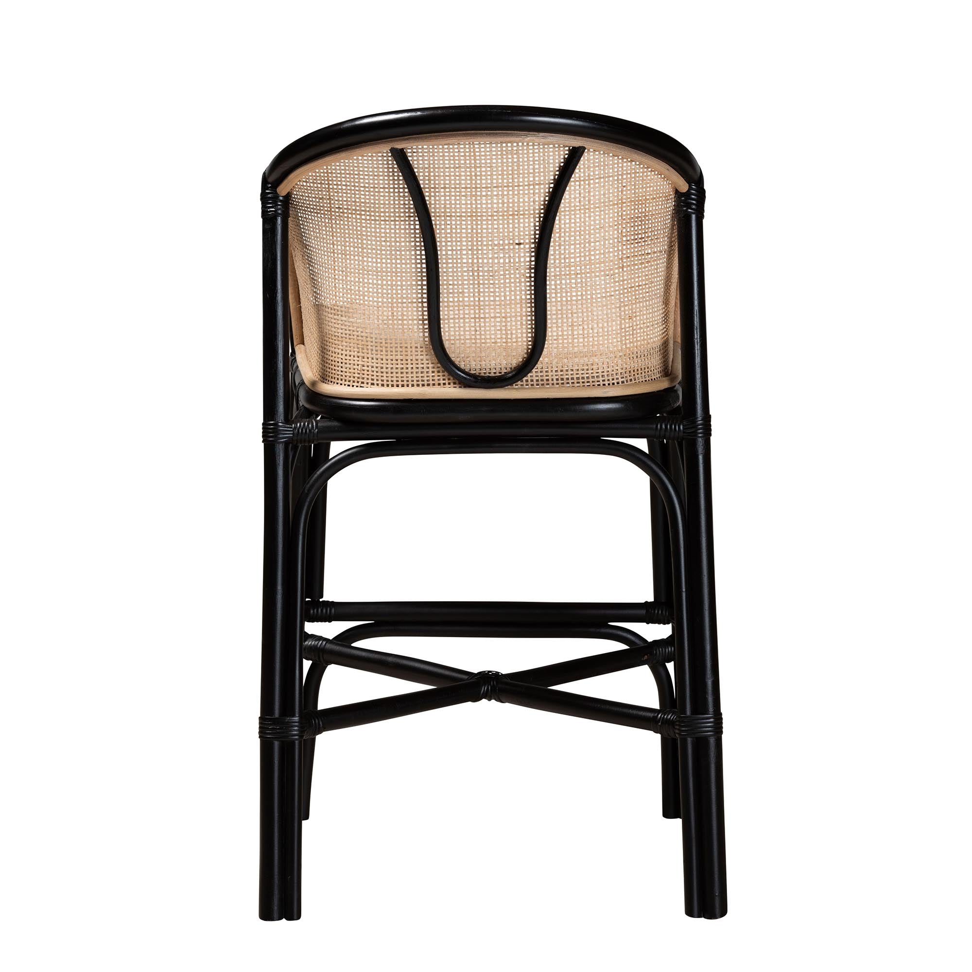 Modern Bohemian Two-Tone Black and Natural Brown Rattan Counter Stool