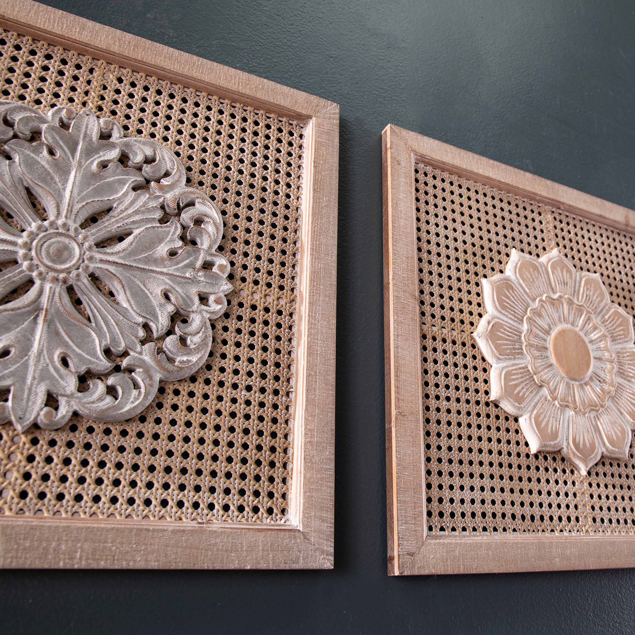 2-Piece Rattan Wall Decor Set with Carved Floral