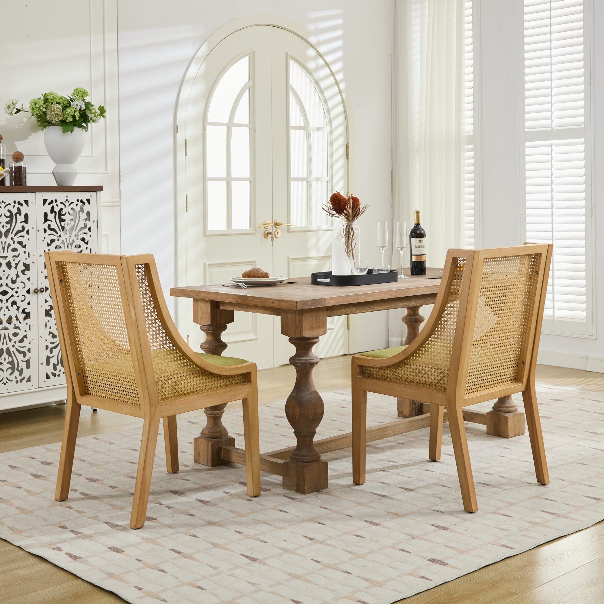 Linen Upholstered Rattan Dining Chair with Decorative Armrests