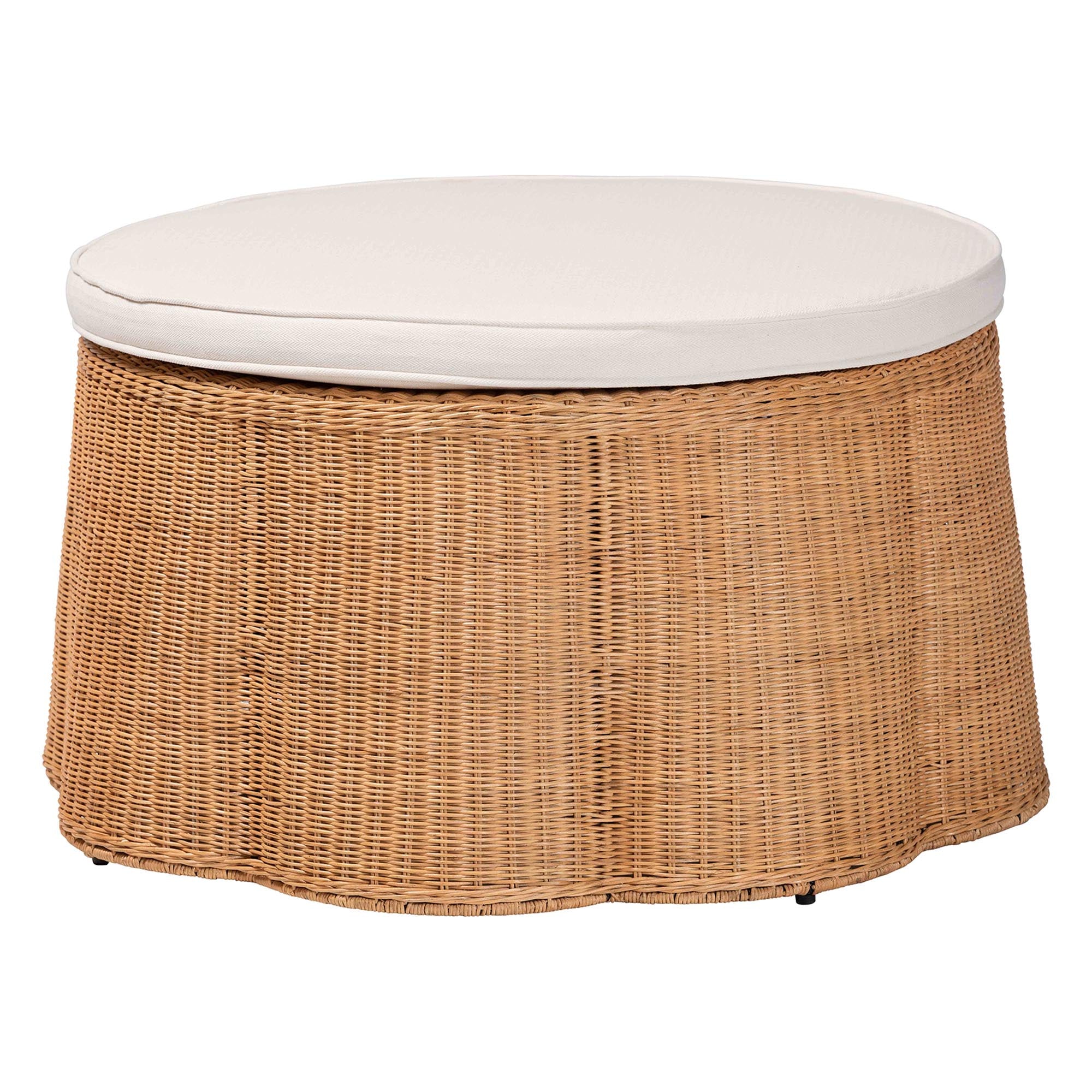 Palm Scalloped Natural Rattan Ottoman with Cushion