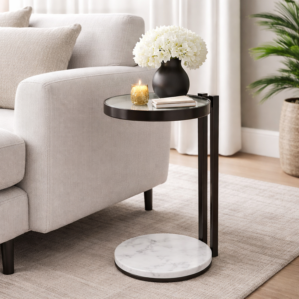 Drink Table with Glass Top and White Marble Base