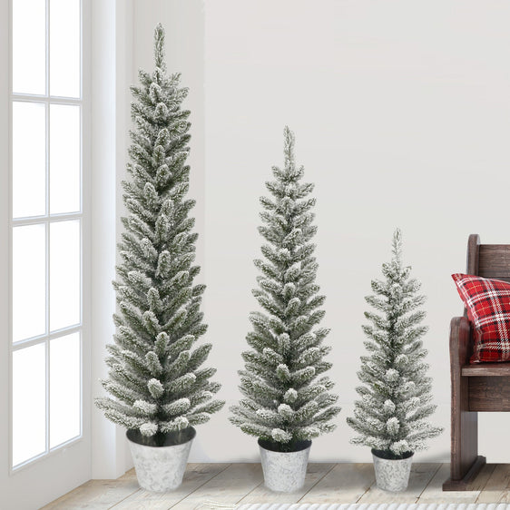 Set-of-3-Potted-Flocked-Pencil-Trees-in-Decorative-Galvanized-Metal-Pots-Christmas-Trees