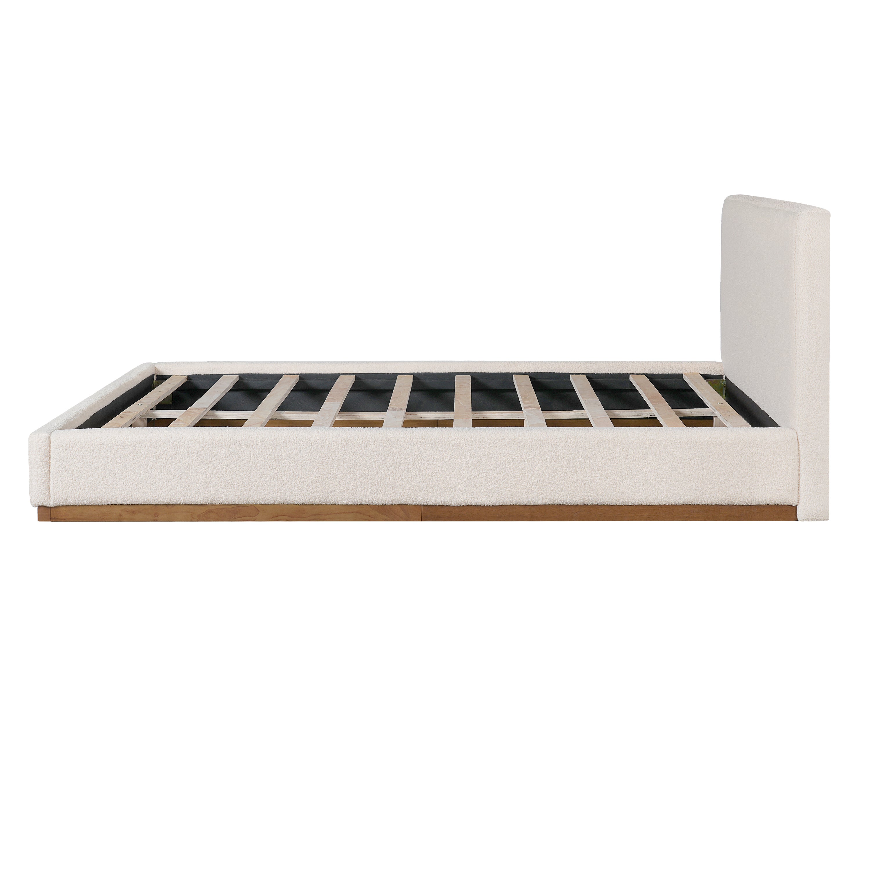 Elegant White Fabric Upholstered Bed With Nice Wood Grain Textured Solid Wood Base Frame
