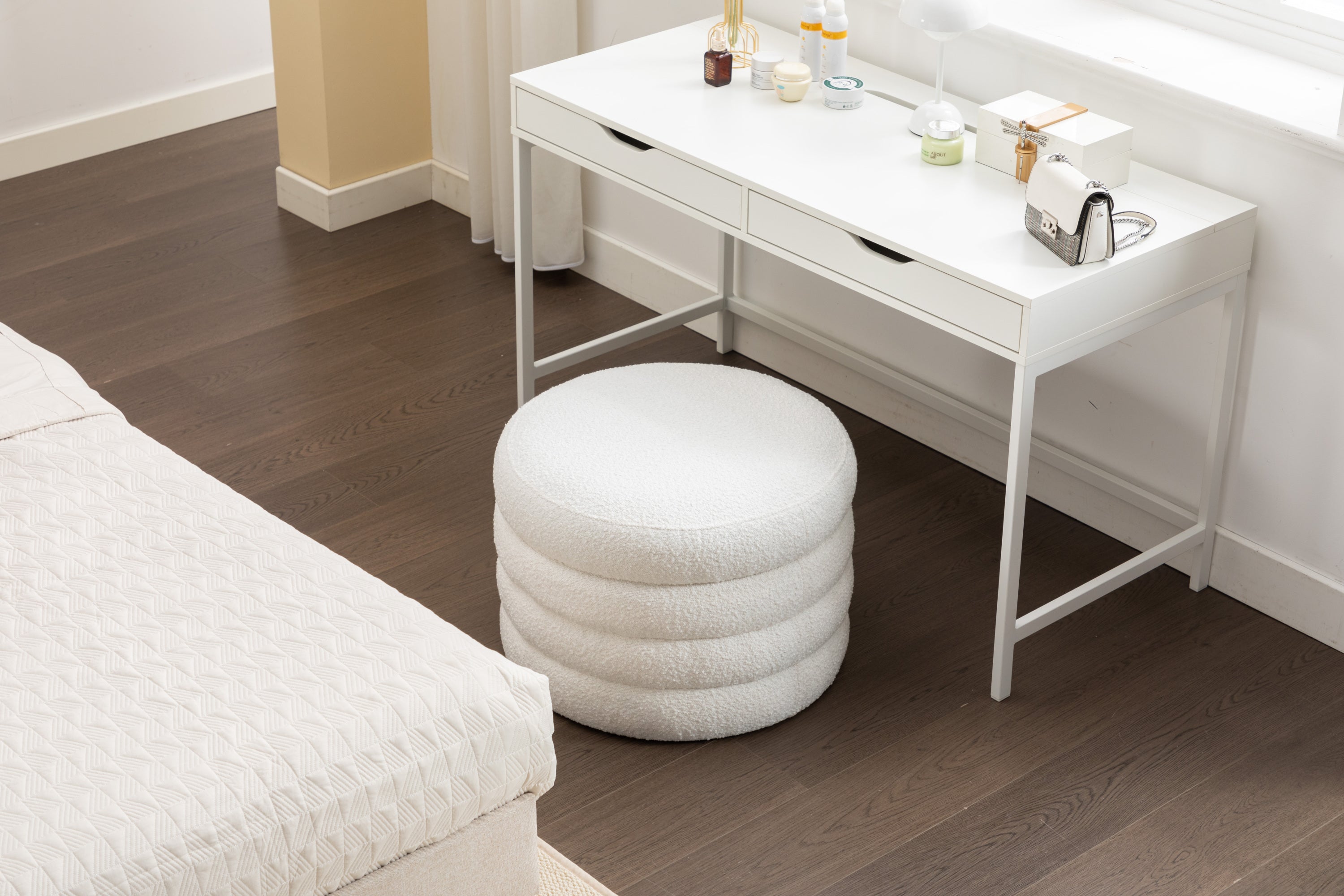 Boucle Storage Round Ottoman Footstool With Wooden Shelving