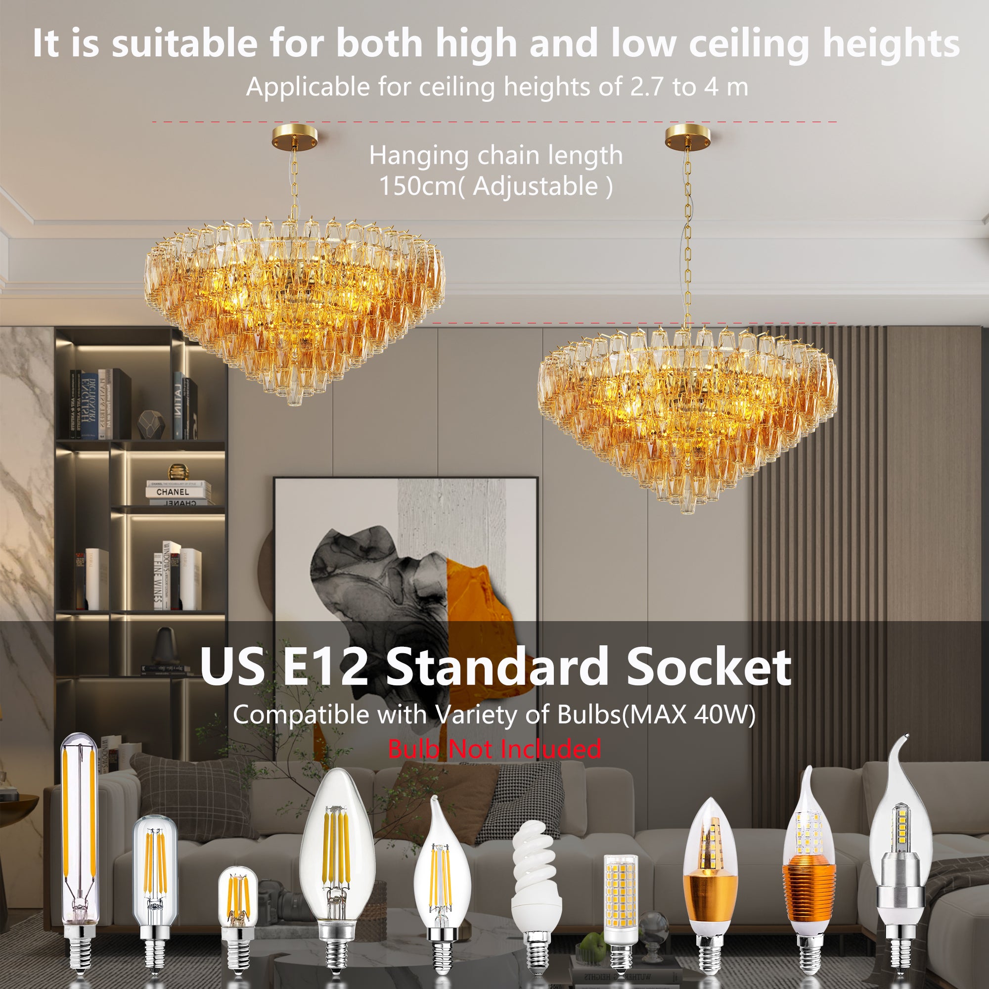 37" Extra Large Tiered Glass Chandelier, 14-Light