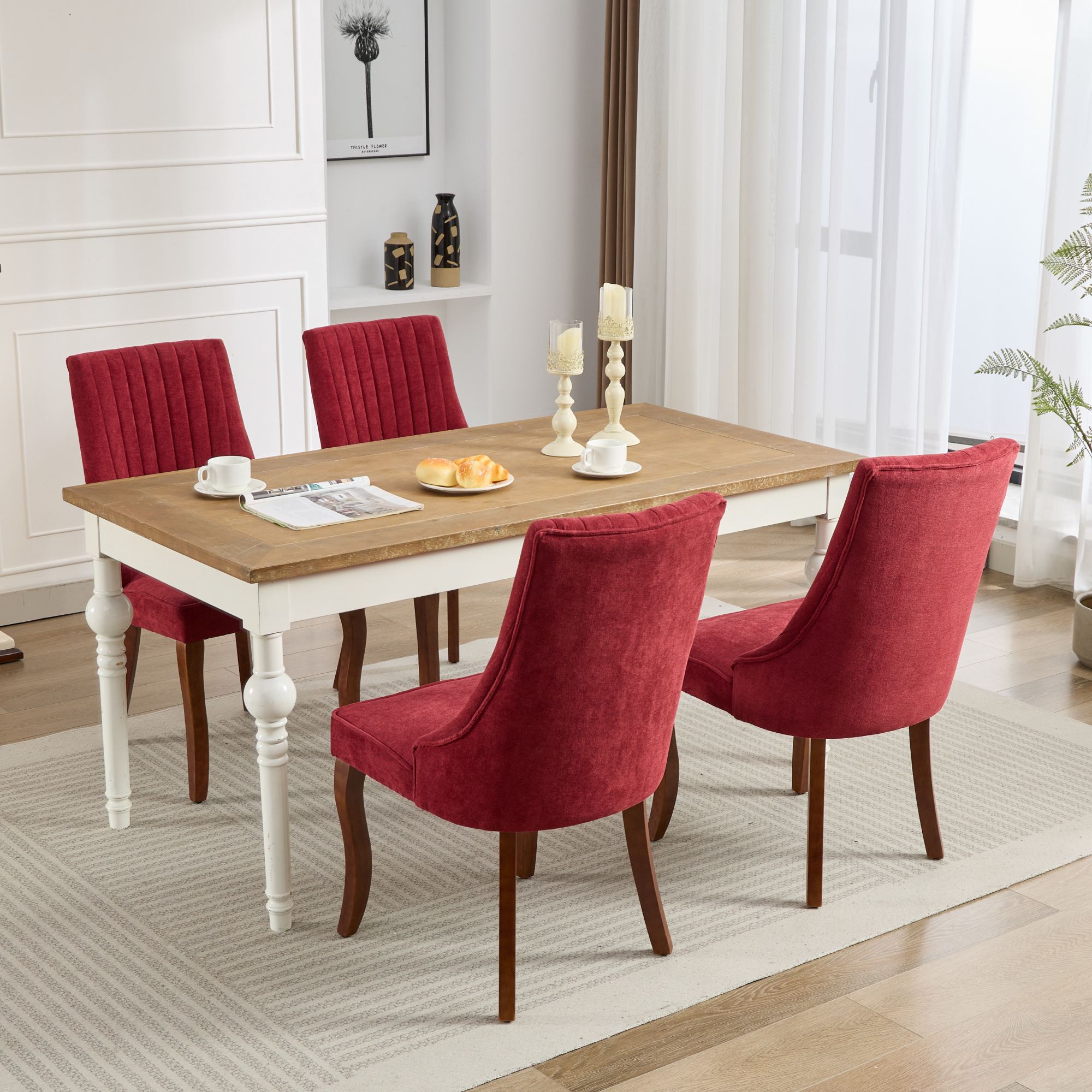 Rayon Cloth Flocking Linen Dining Chairs Channel Kitchen Dinner Chair Comfy Fabric Upholstered Accent Chair for Dining Room with Curved Solid Wood Legs,Set of 2 (Wine Red), SW1847WR