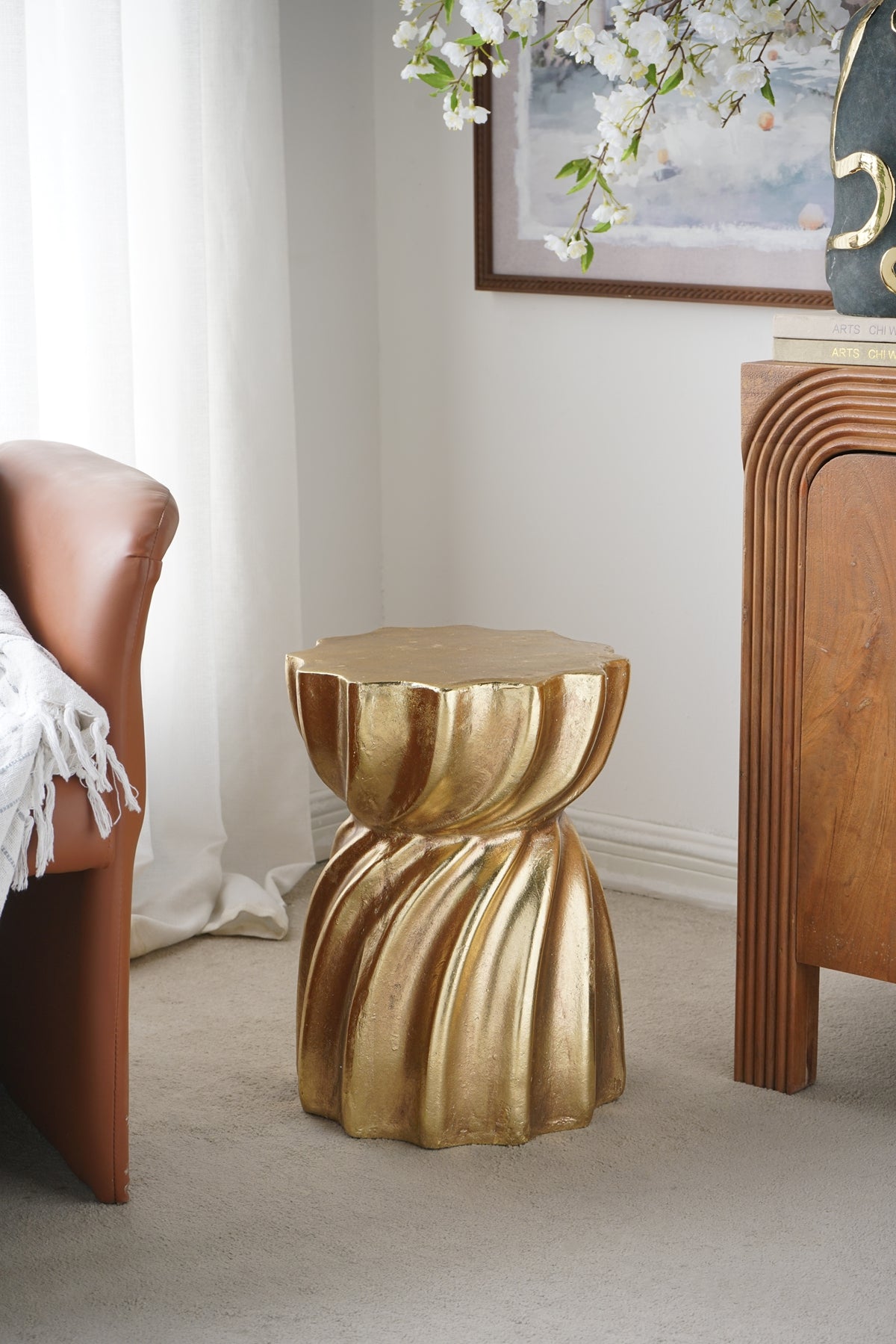 Gold Magnesium Accent Stool/Side Table with Sculptural Swirl Design
