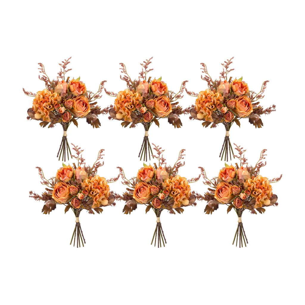 Coral-Rose-and-Hydrangea-Floral-Bouquet-with-Fall-Foliage-(set-of-6)-Orange-Faux-Florals