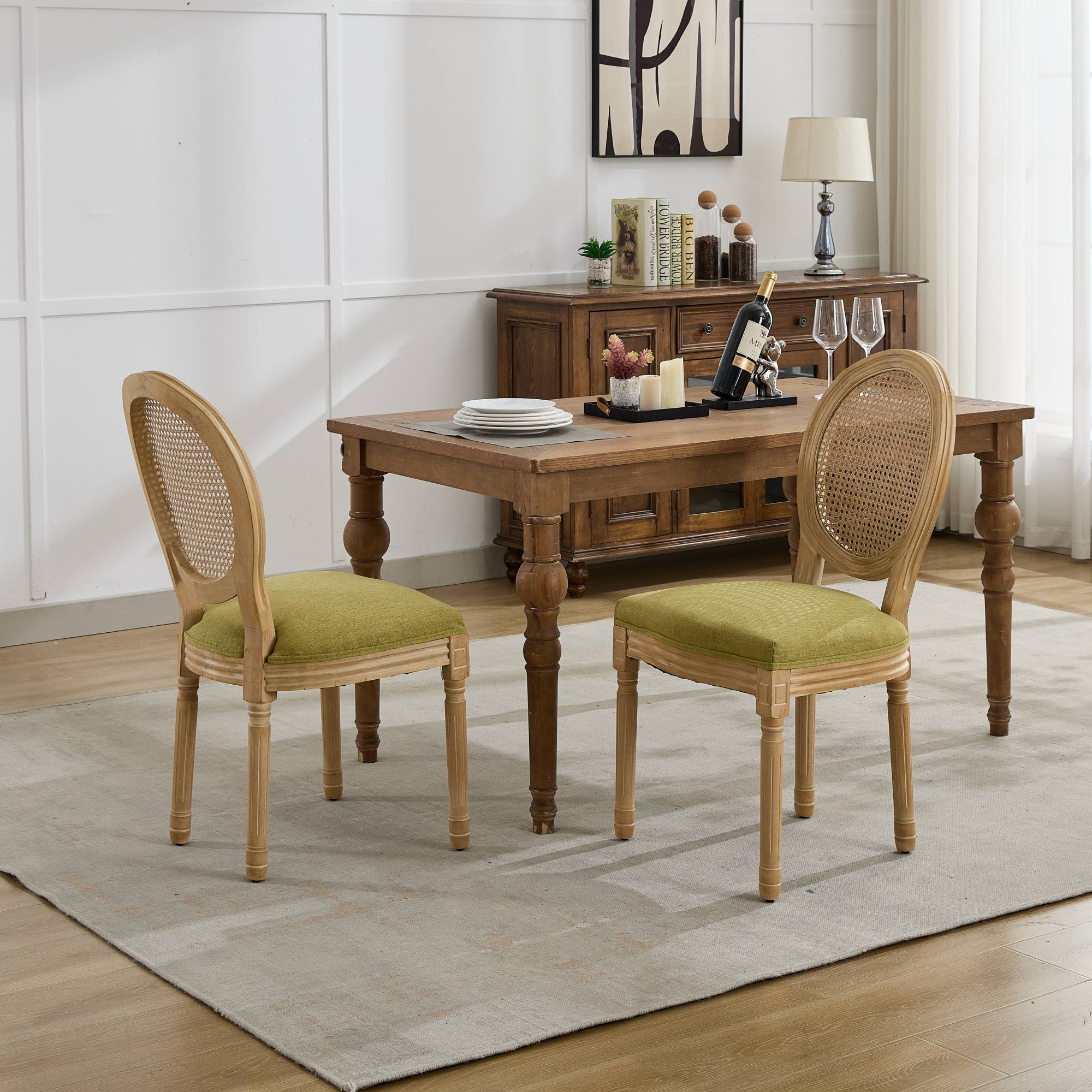 French Country Dining Chairs with Round Rattan Backrest, Set of 2