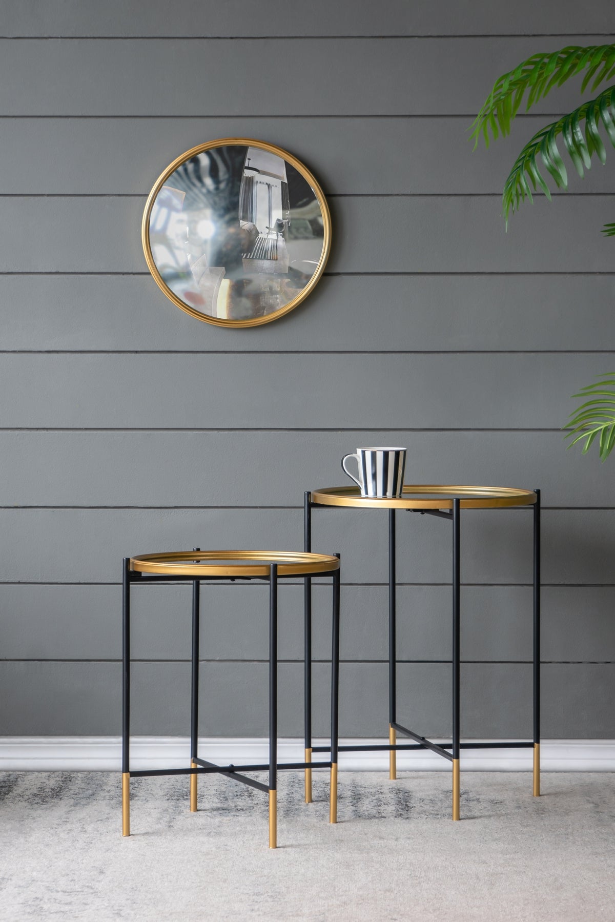 Set of 2 Gold and Black Iron Side Tables with Glass Top