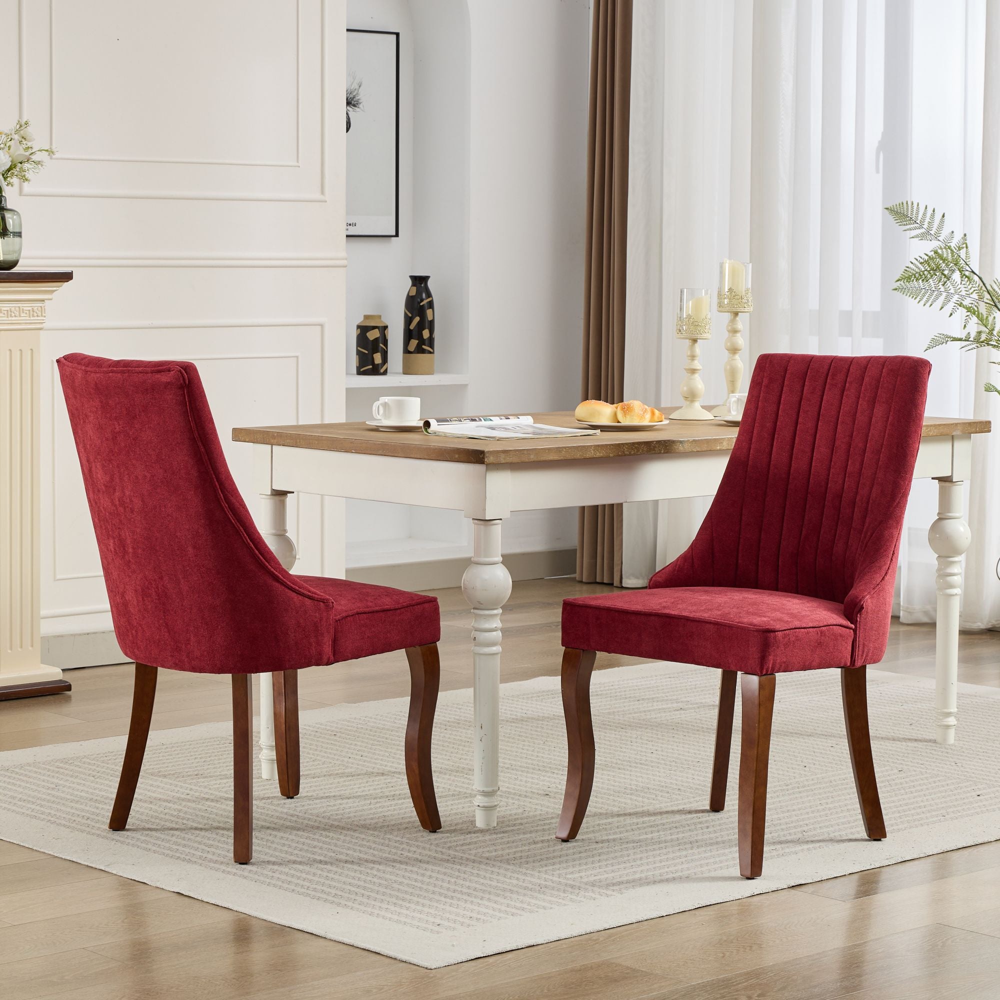 Rayon Cloth Flocking Linen Dining Chairs Channel Kitchen Dinner Chair Comfy Fabric Upholstered Accent Chair for Dining Room with Curved Solid Wood Legs,Set of 2 (Wine Red), SW1847WR