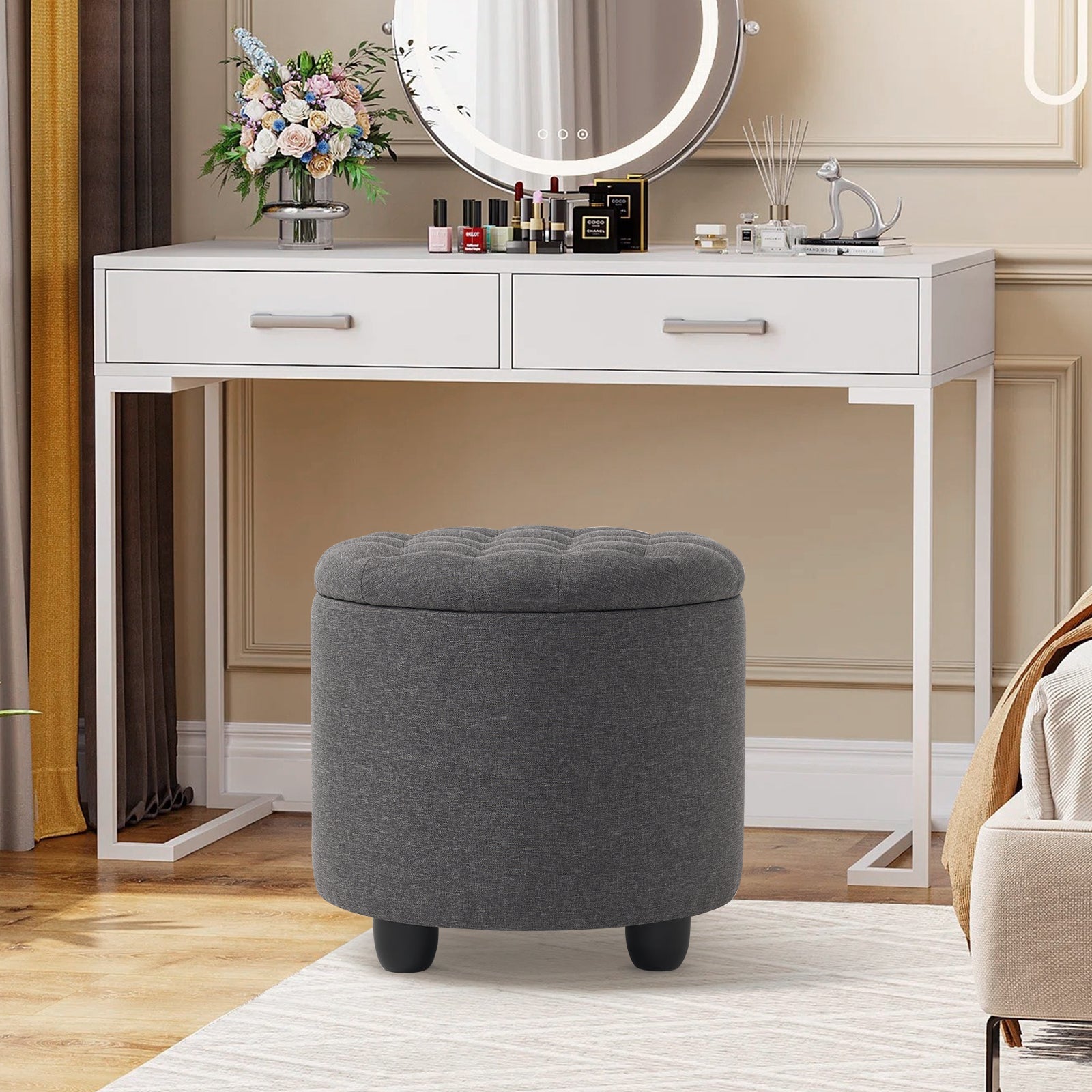 Small Upholstered Circle Pouf Footstool with Removable Lid Storage