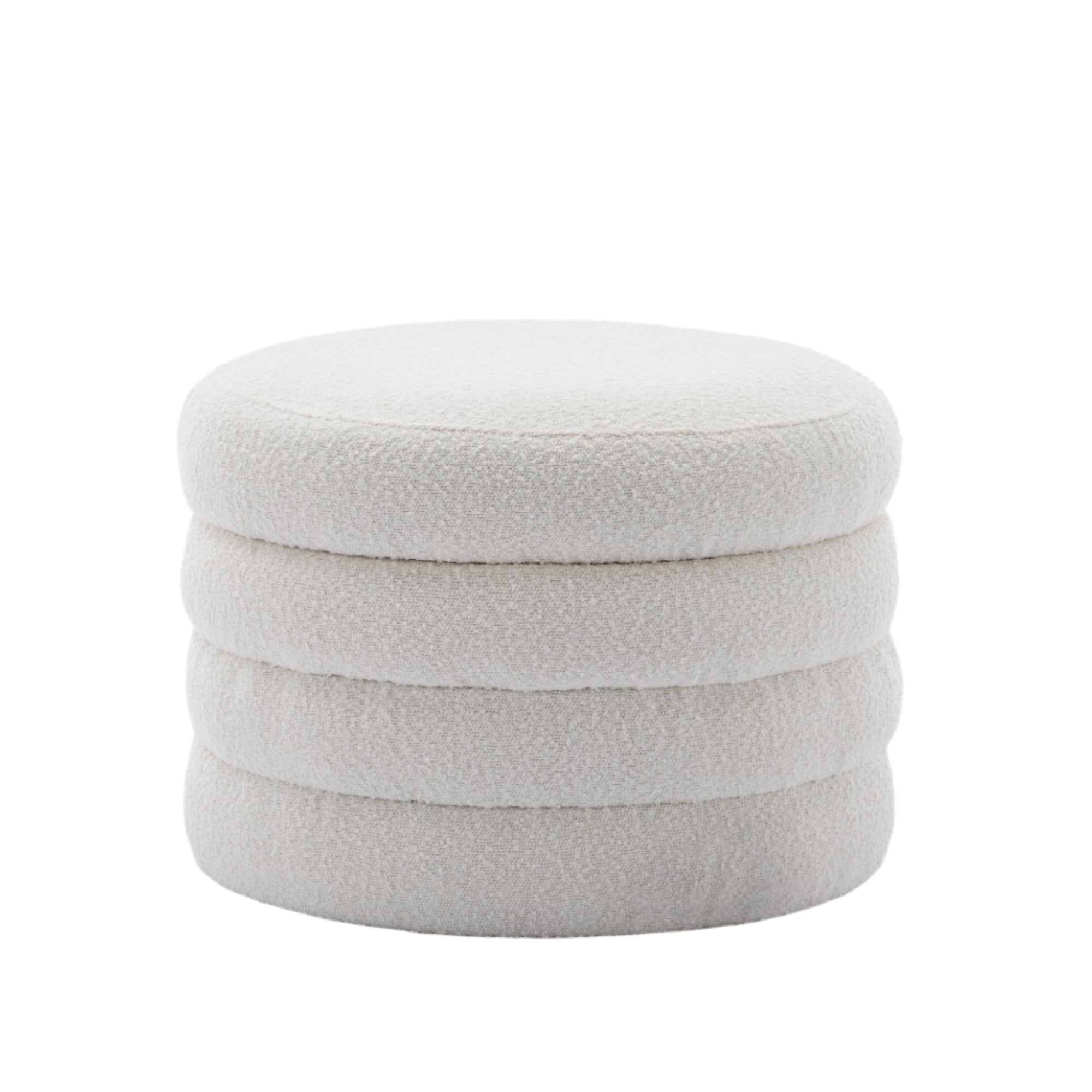 Boucle Storage Round Ottoman Footstool With Wooden Shelving