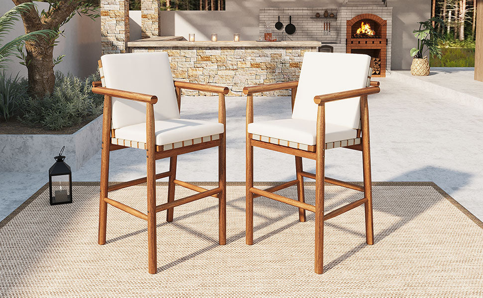 Modern Outdoor Patio Acacia Wooden Counter Height Bar Stools with Backrest Arm and Webbing Seat with Cushions, Set of 2