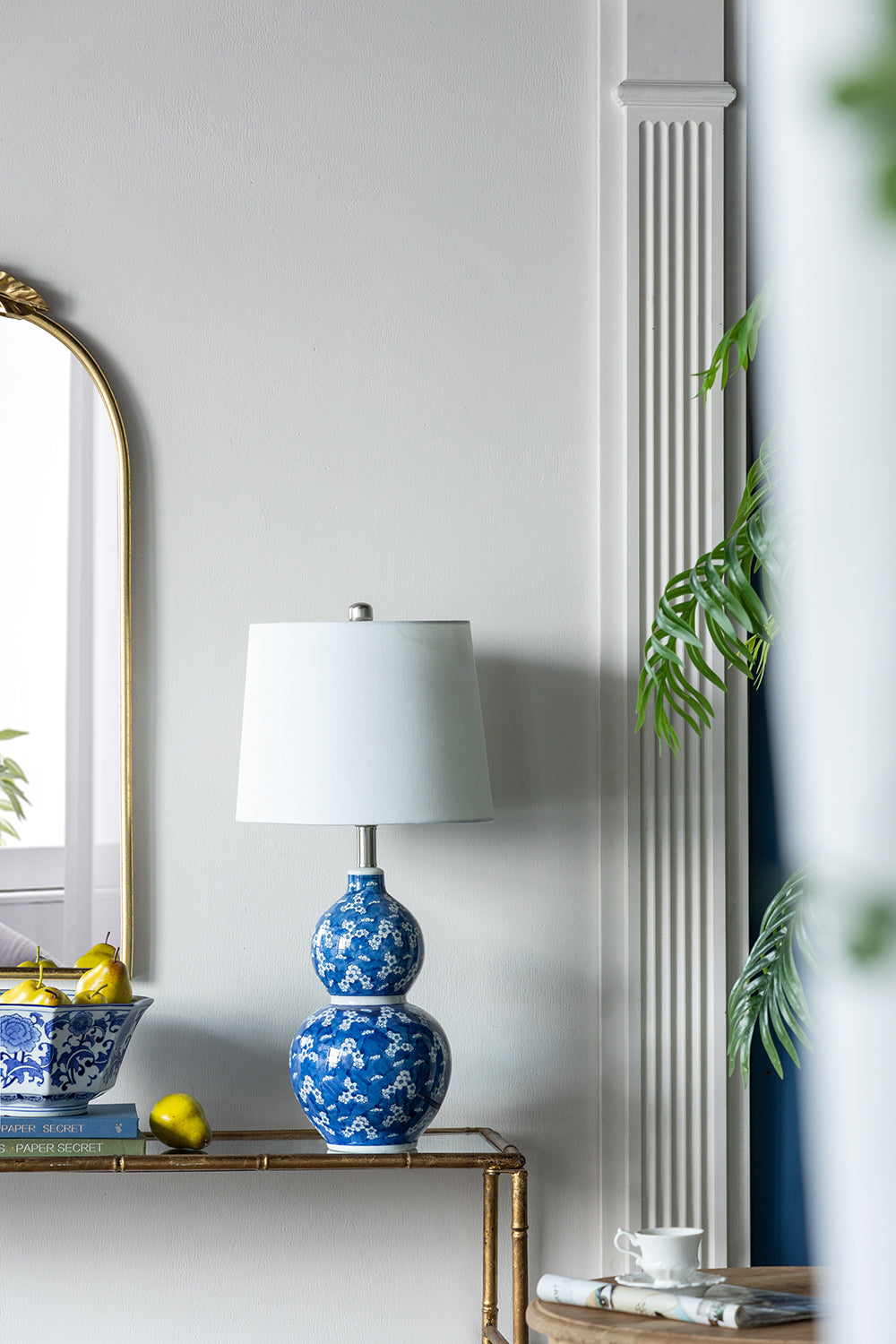 Blue and White Round Two-Tiered Ceramic Vase Lamp