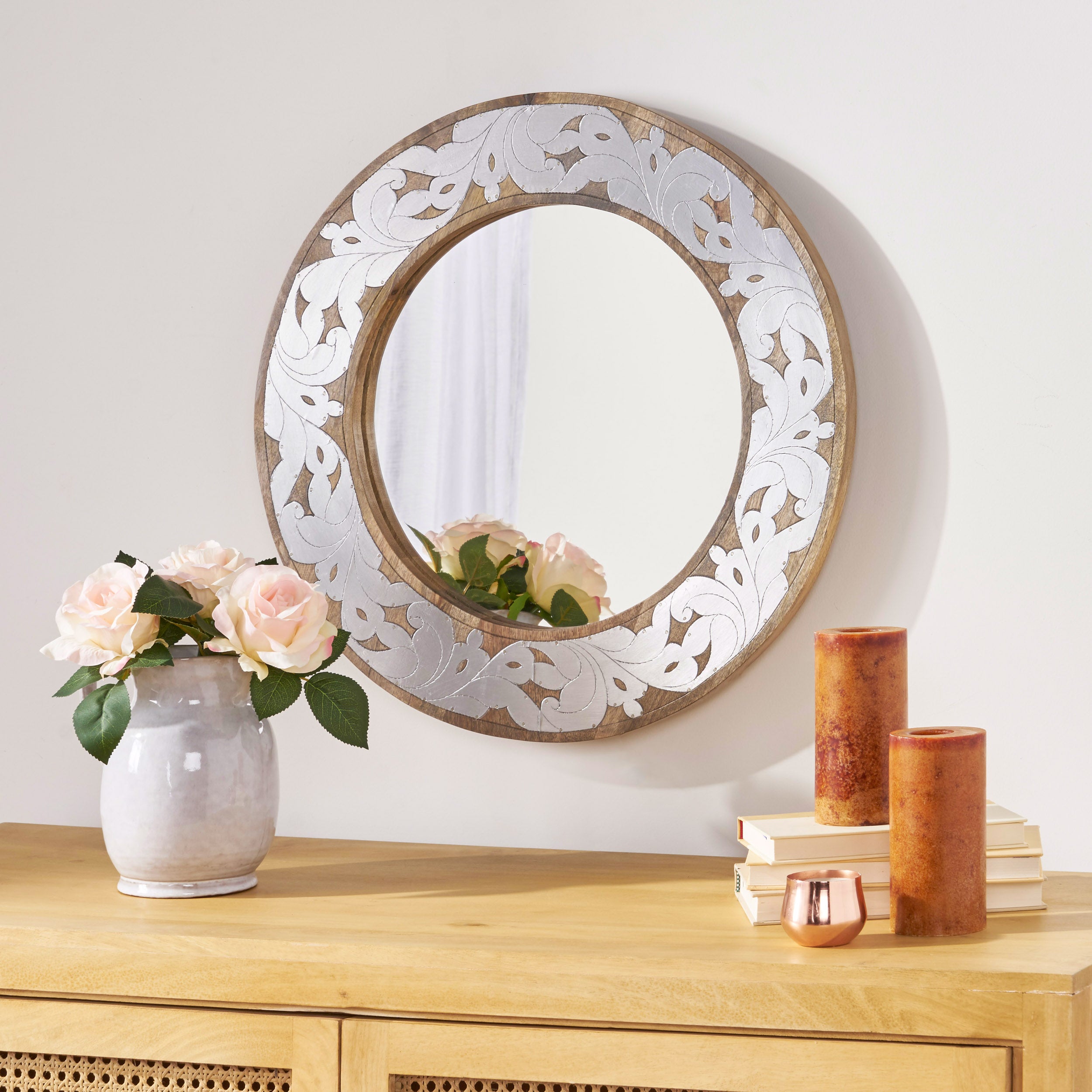 Round Wall Mirror with Metal Floral Pattern and Wood Frame
