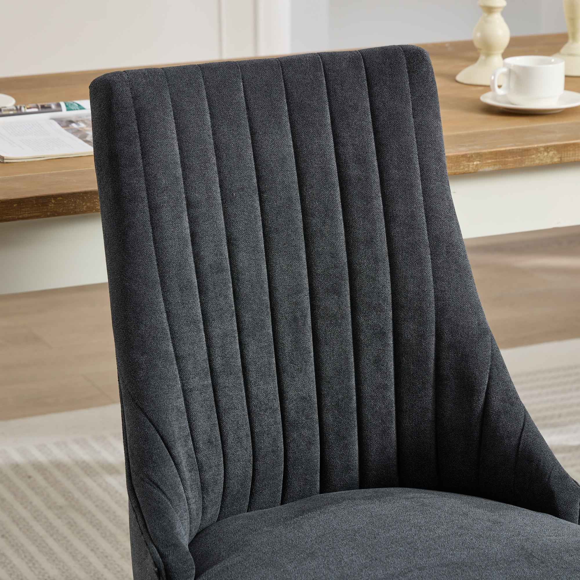 Rayon Cloth Flocking Linen Dining Chairs Channel Kitchen Dinner Chair Comfy Fabric Upholstered Accent Chair for Dining Room with Curved Solid Wood Legs,Set of 2 (Black), SW1847BK