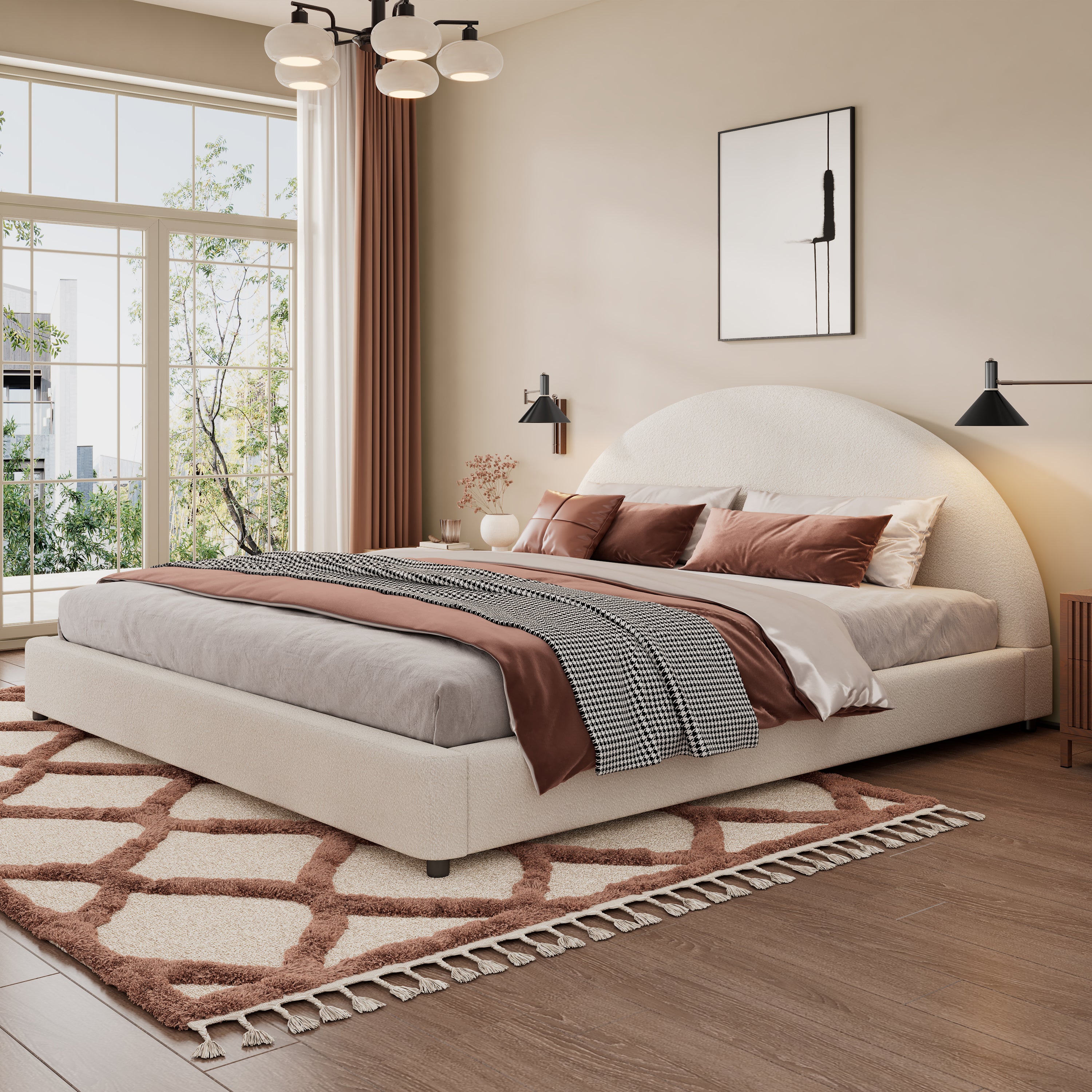 Bed Frame With Boucle Upholstered Round Curved Headboard