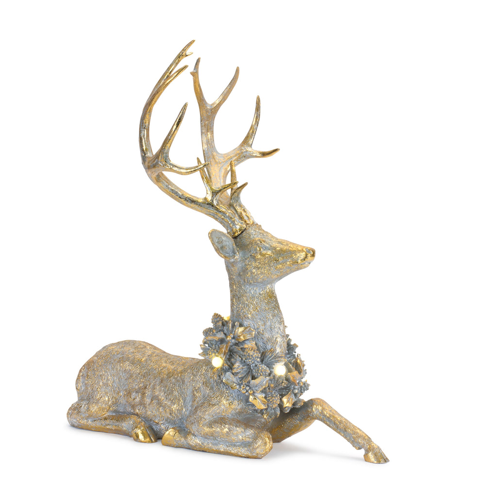 Holiday Deer Figurine with Lighted Wreath and Gold Finish (Set of 2)