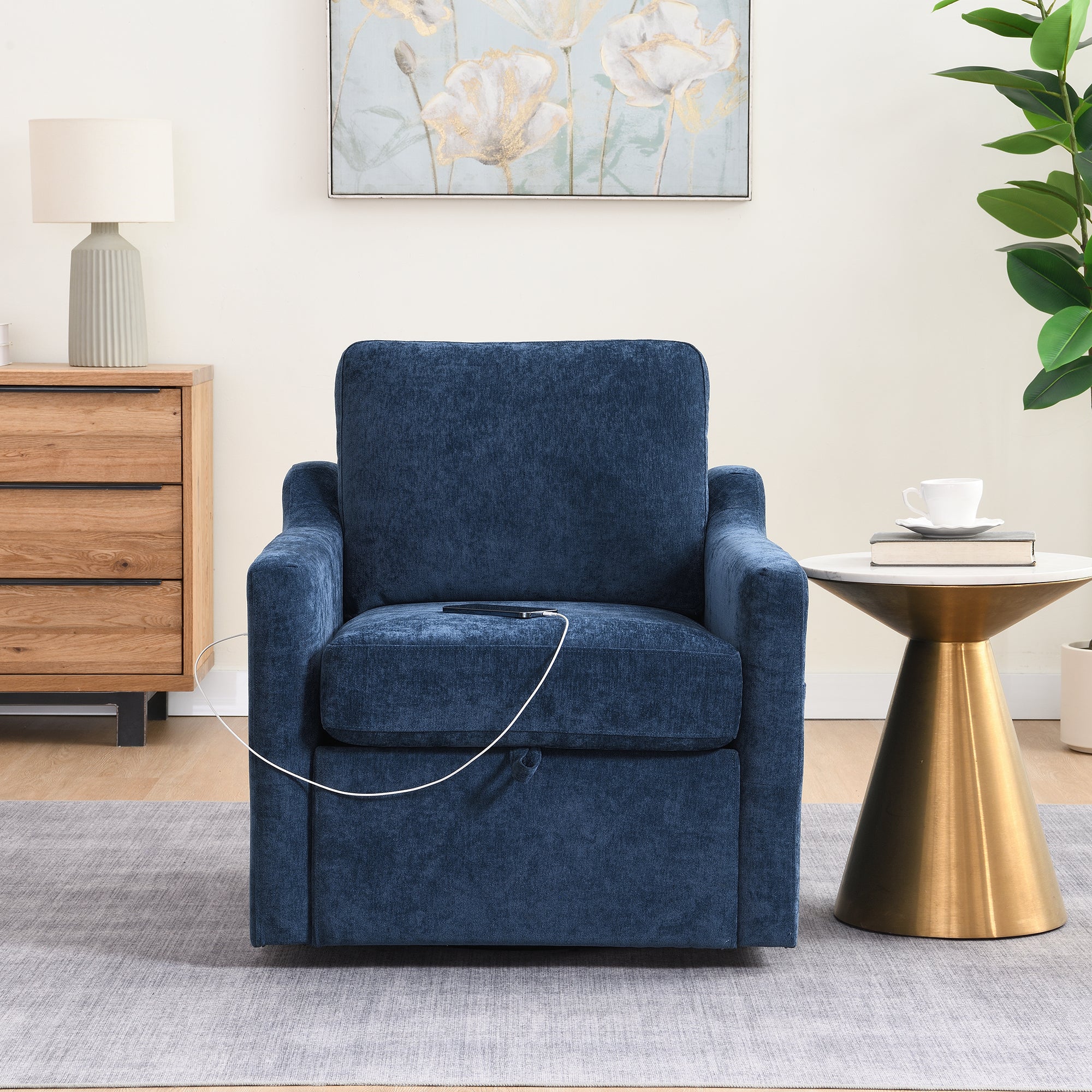 Chenille Swivel Arm Accent Chair With Charging Port and Pocket
