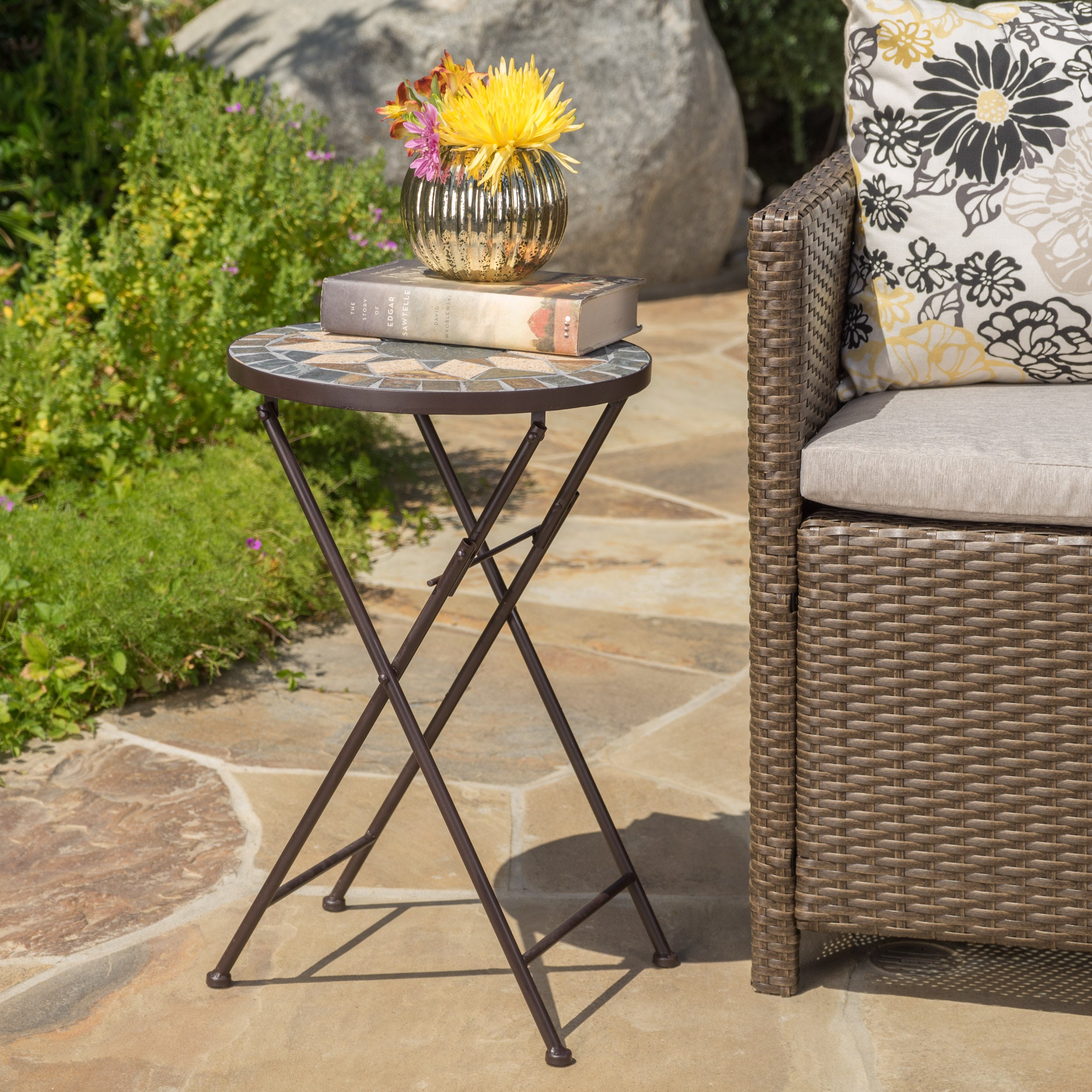 Outdoor Folding End Table with Sunburst Design