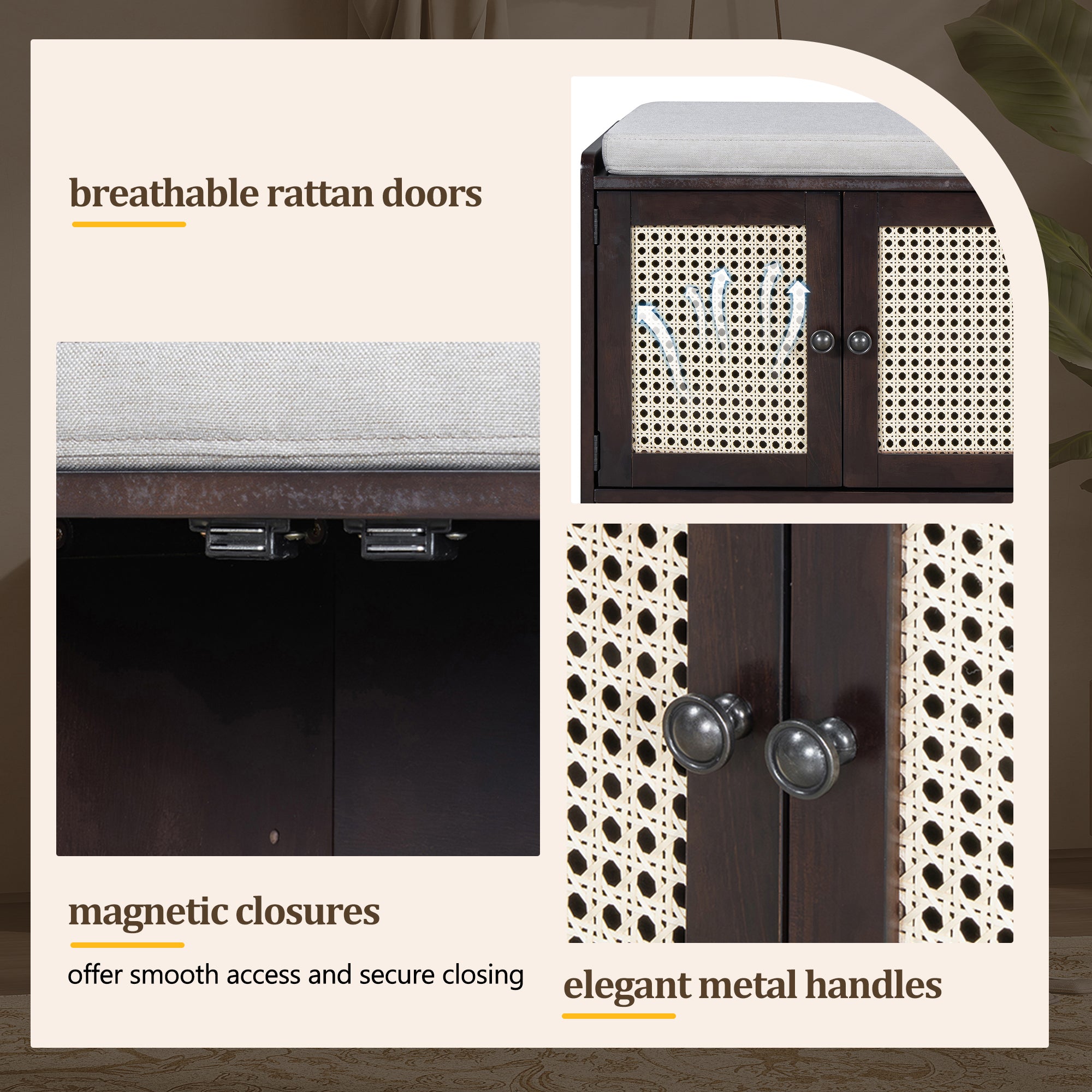 Storage Bench with Rattan Doors
