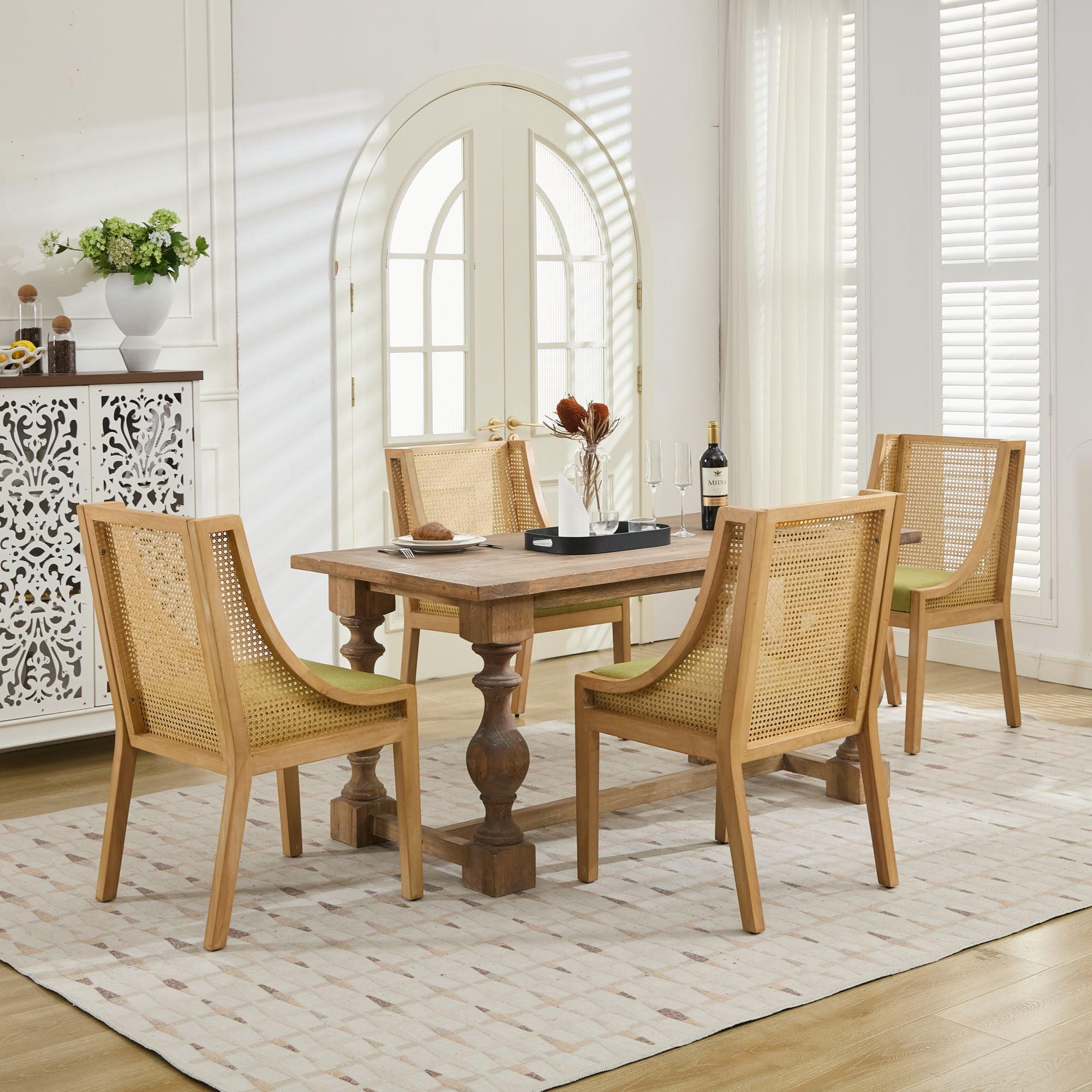Linen Upholstered Rattan Dining Chair with Decorative Armrests