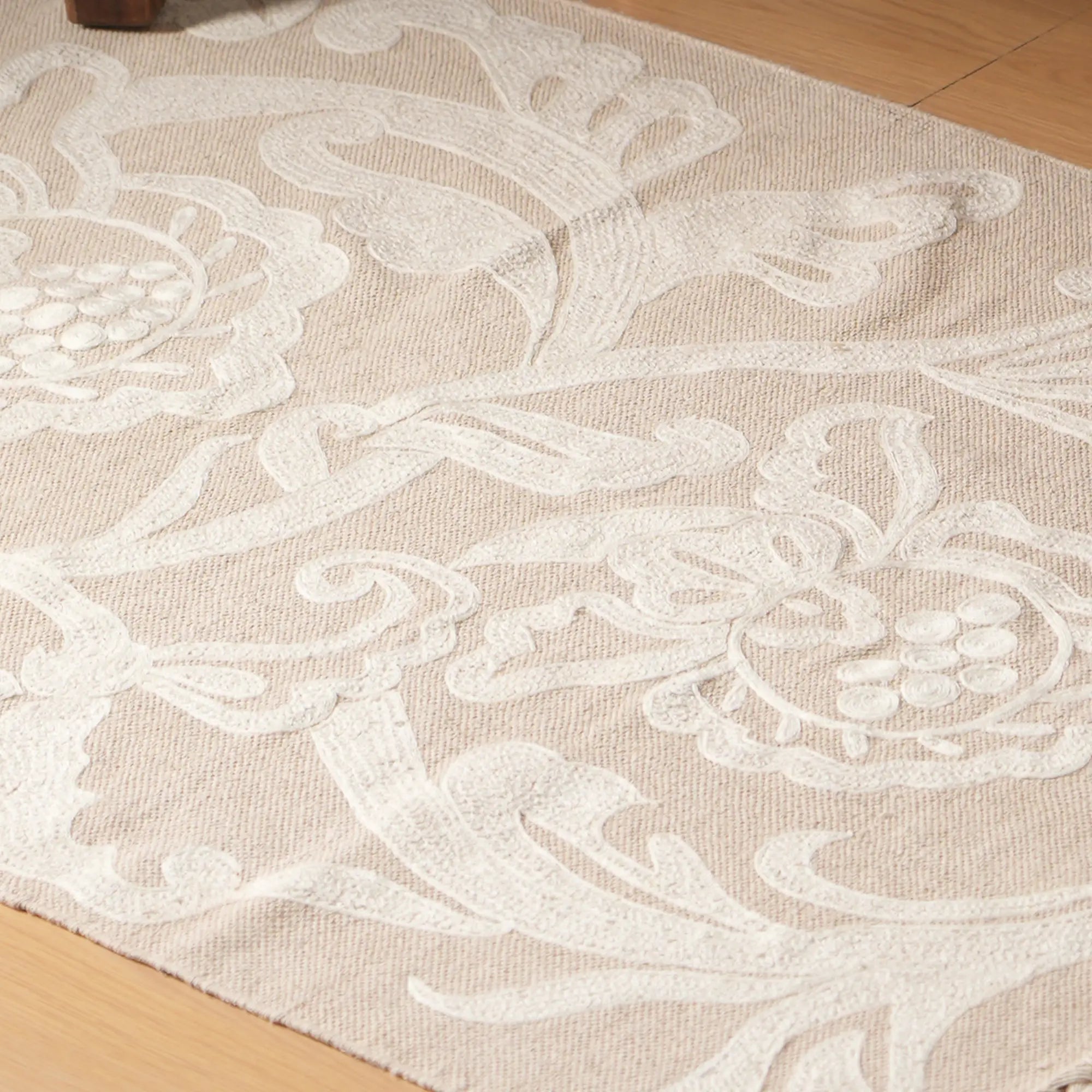 Cotton Embroidered Rug with Braided Tassels