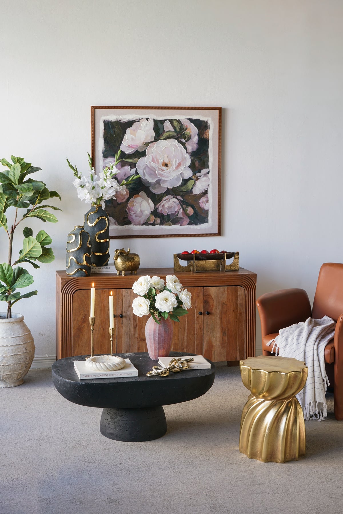 Gold Magnesium Accent Stool/Side Table with Sculptural Swirl Design
