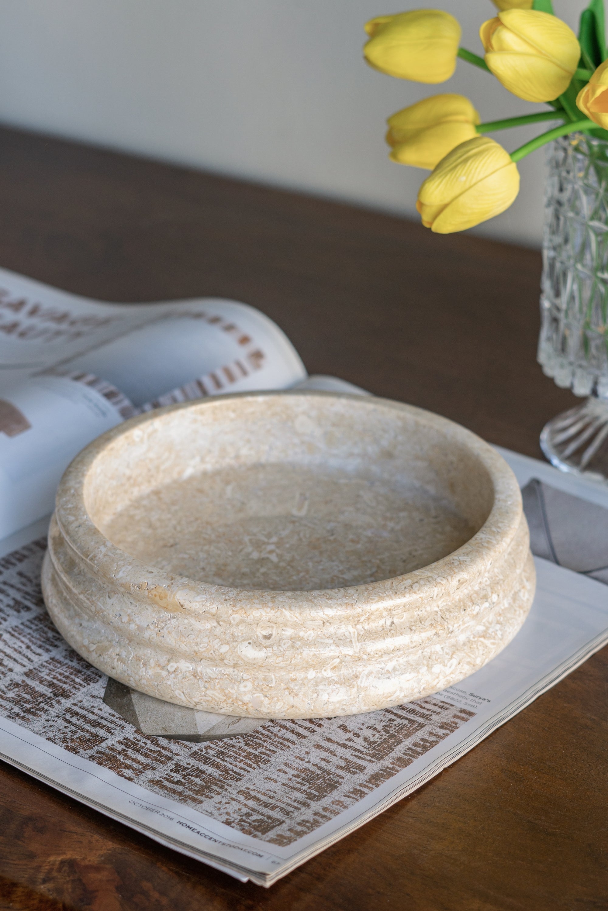 Decorative Cream Marble Bowl with Round Ribbed Design