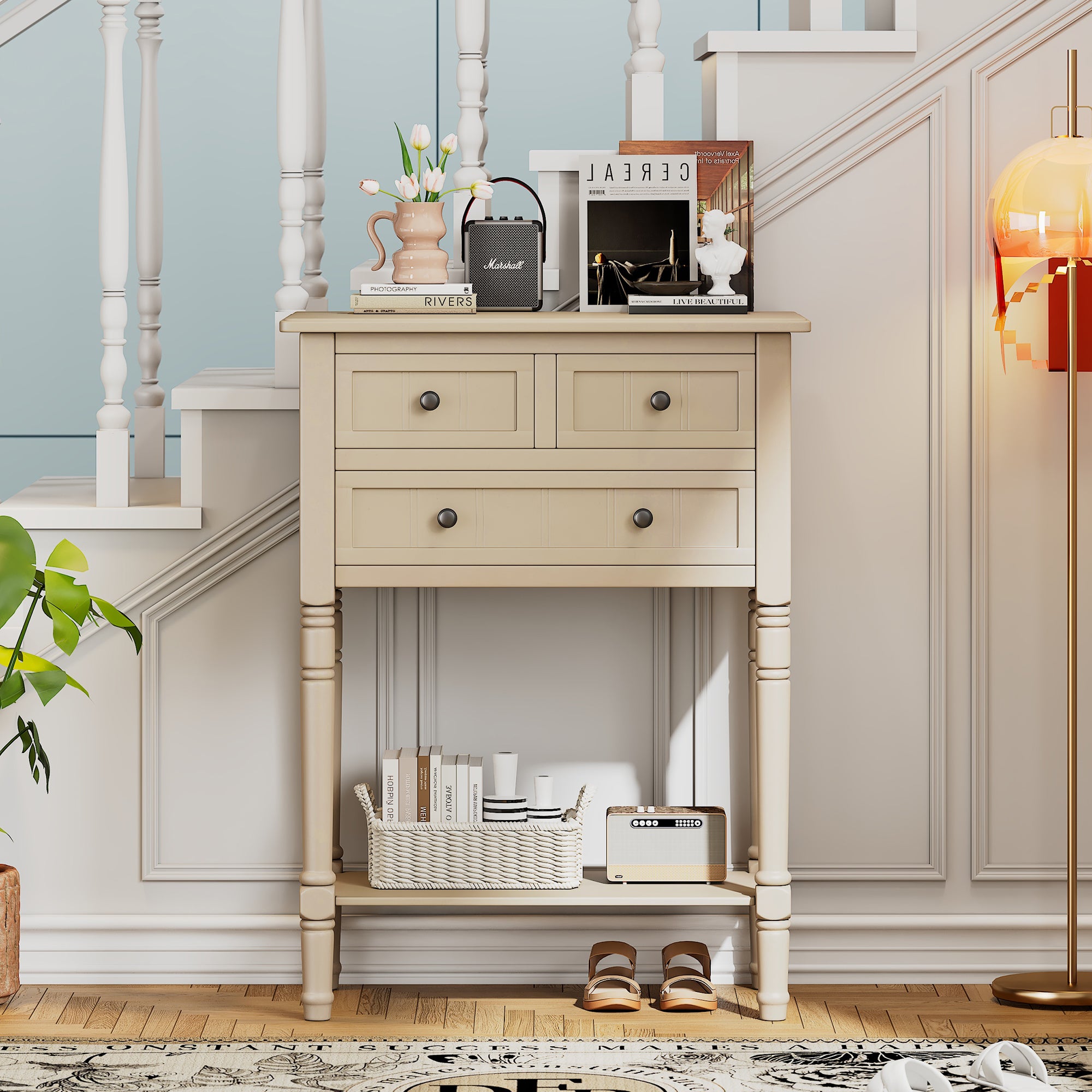 Conquest Narrow Console Table with 3 Drawers and Bottom Shelf