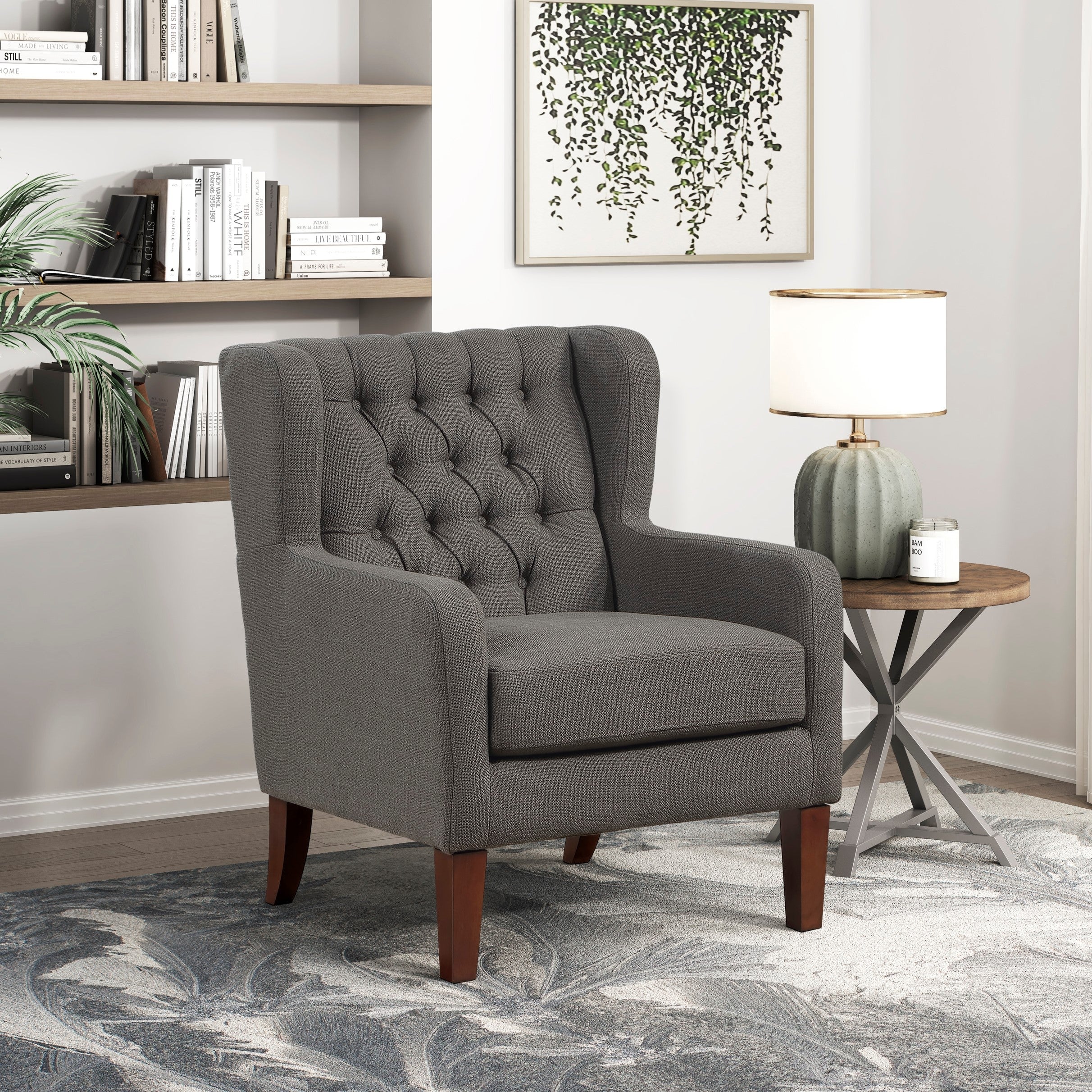 Button-Tufted Wingback Accent Chair with Solid Wood Legs