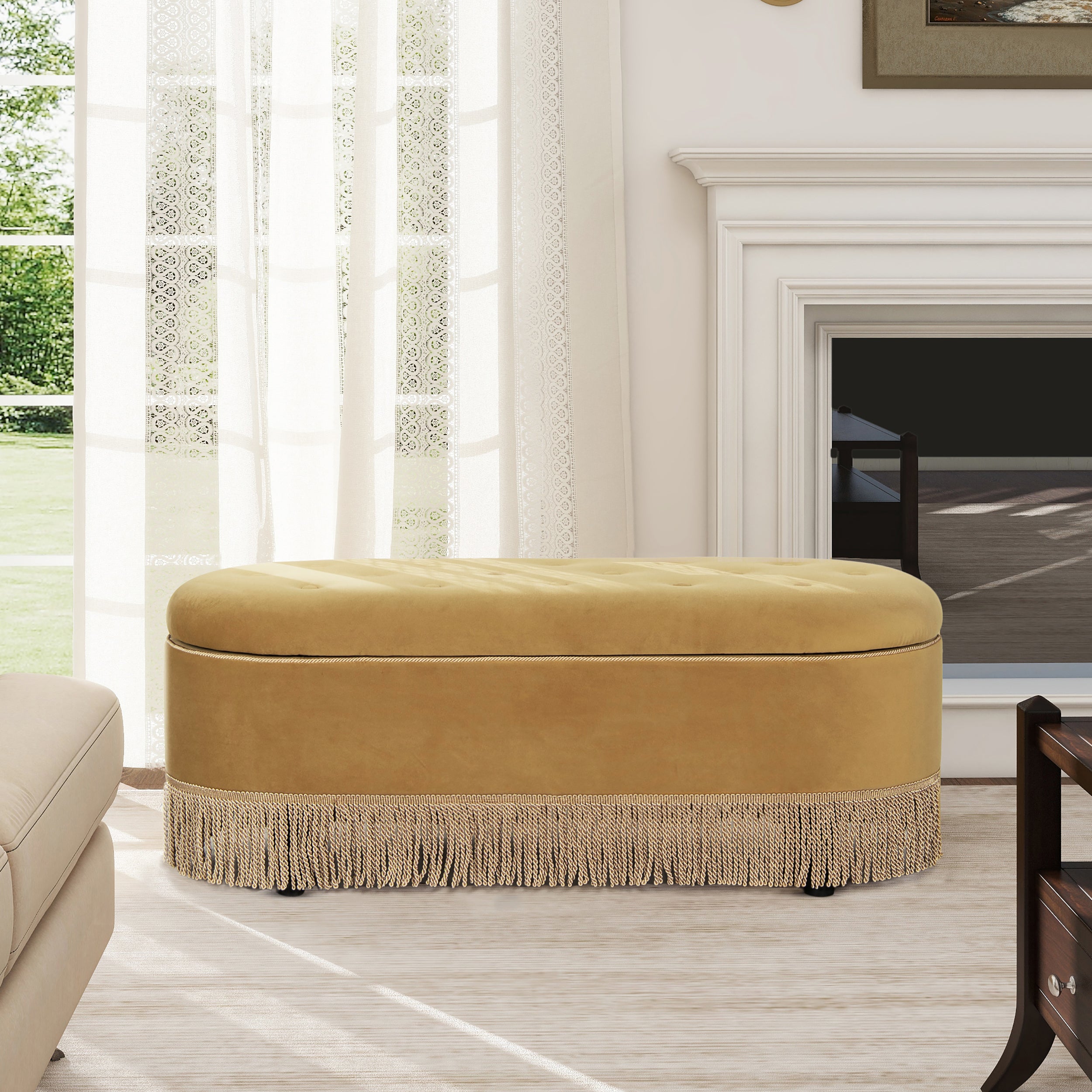 Melinda 48.5" Oval Tufted Bullion Fringe Storage Bench, Olive Green Performance Velvet