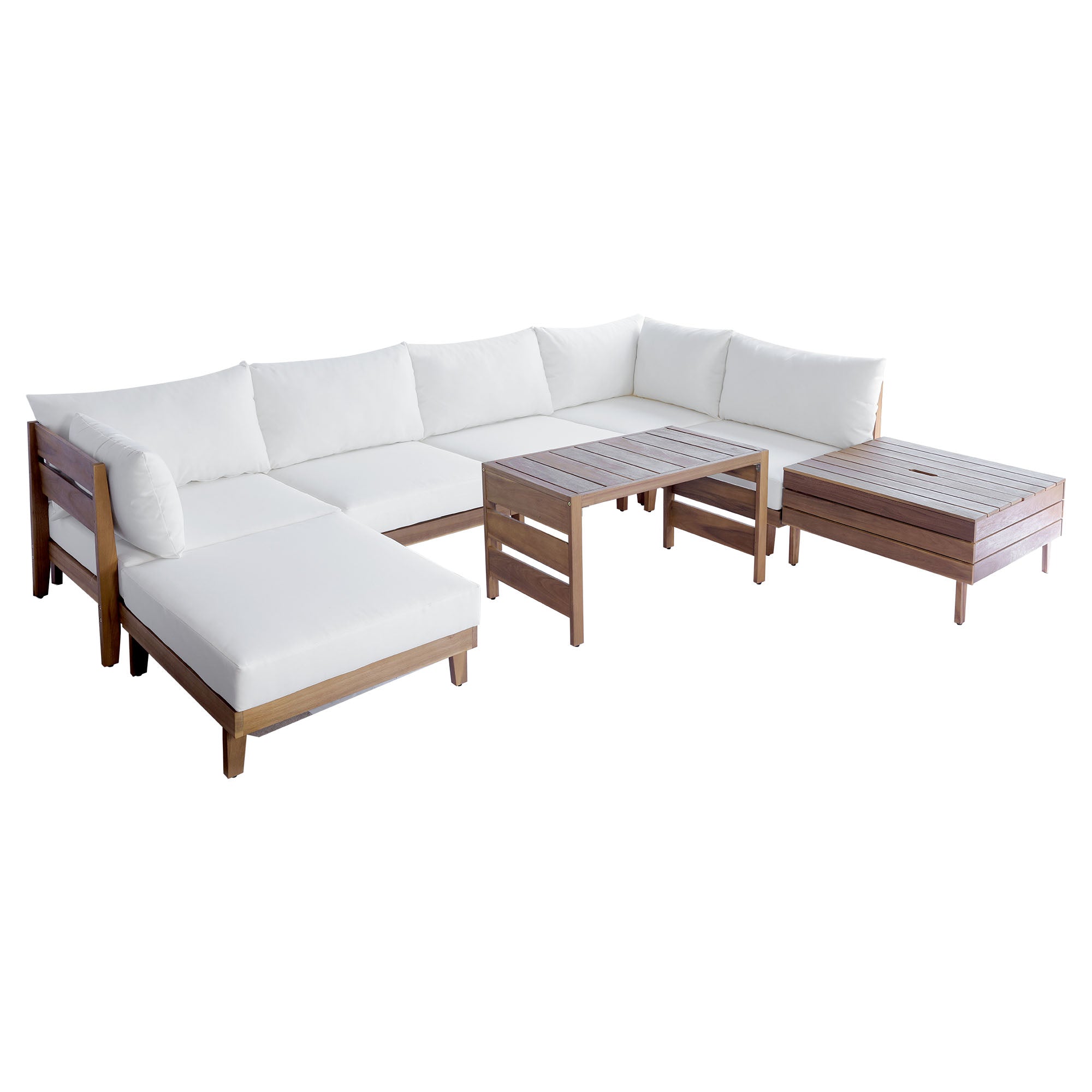 8-Piece Acacia Wood Outdoor Patio Sofa Set, Modular Sectional Furniture Set With Storage Tea Table, Coffee Table And Cushions
