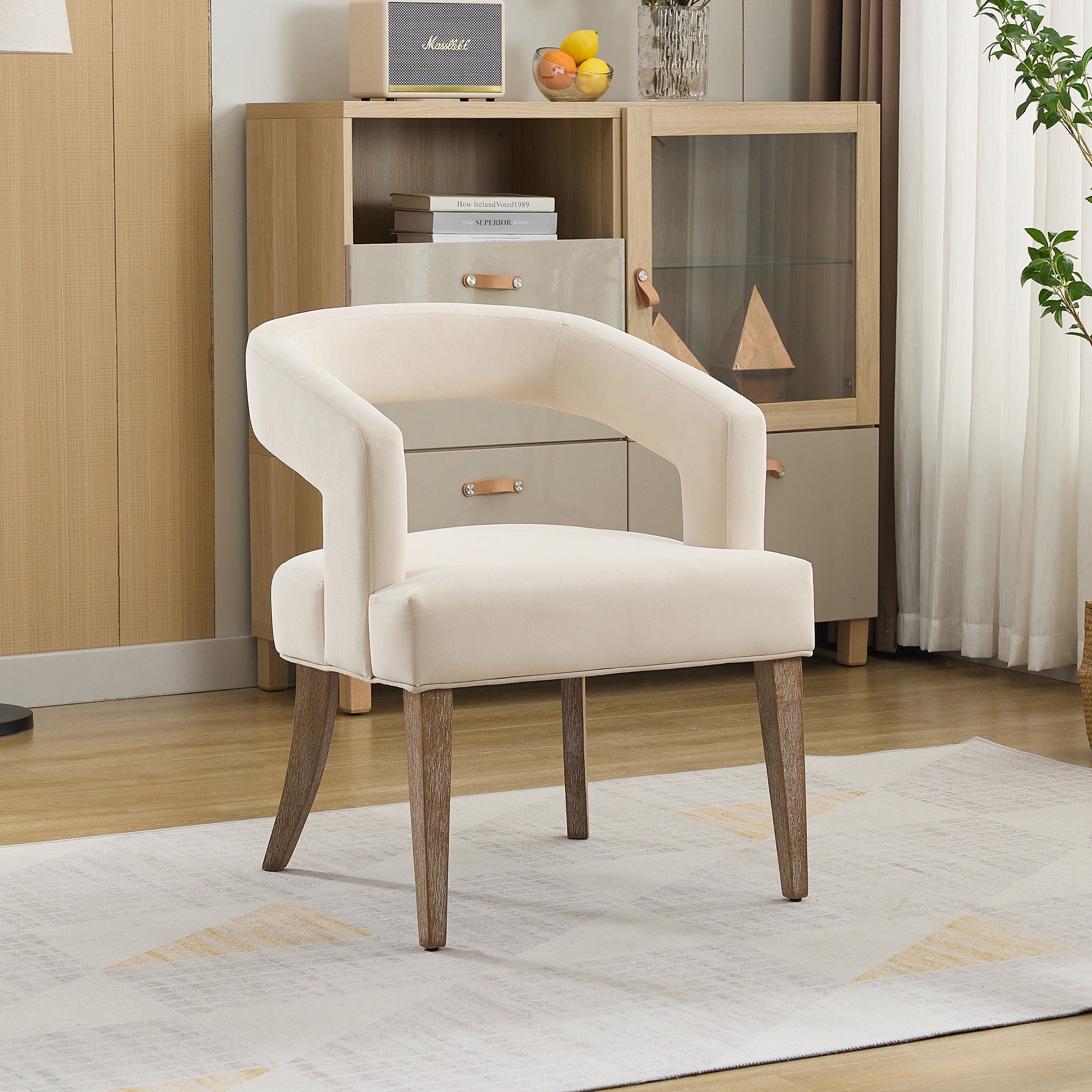 Open-Back Barrel Accent Chair with Velvet Upholstery and Weathered Solid Wood Legs
