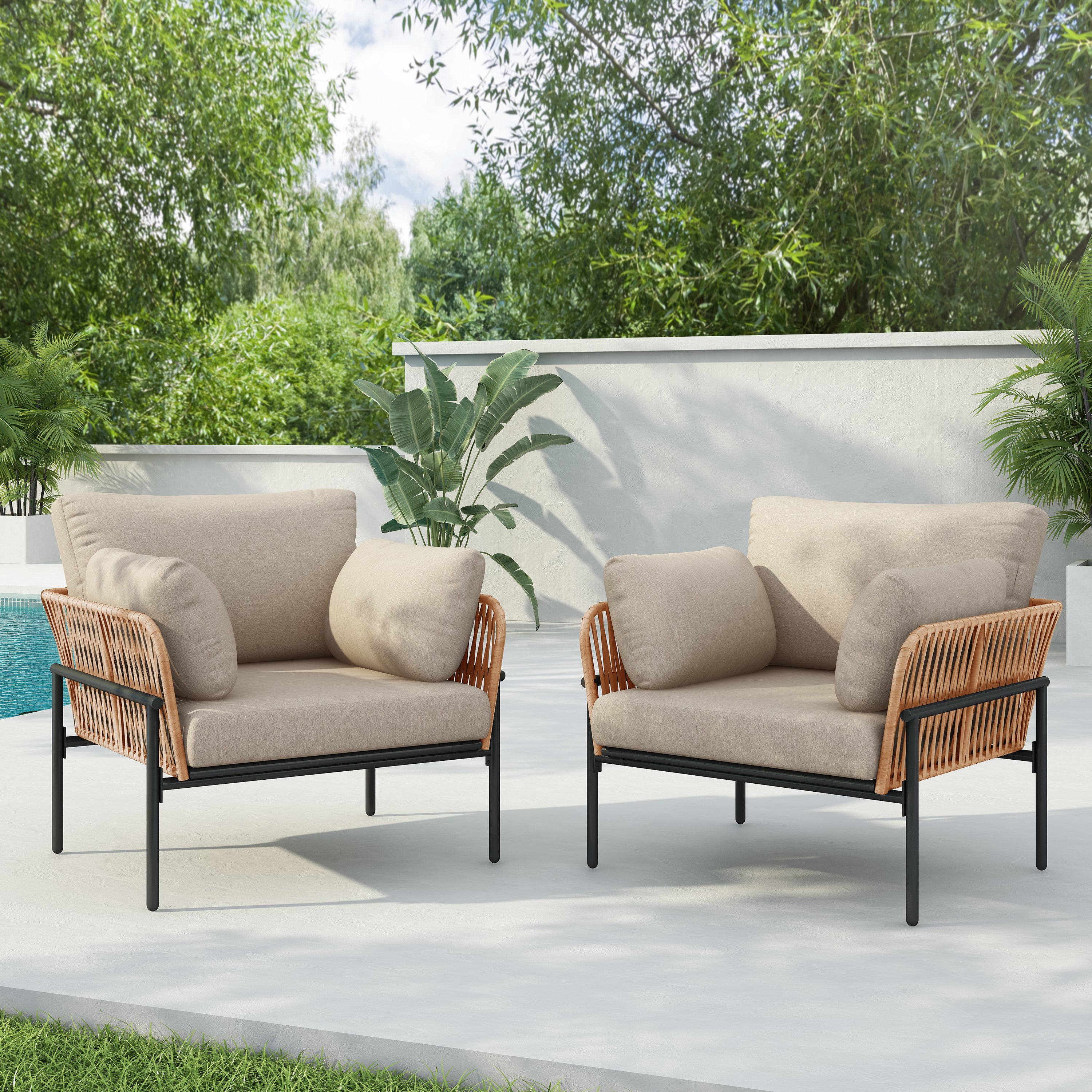 Brisa Outdoor Modern Iron Lounge Chair with Rope Weave
