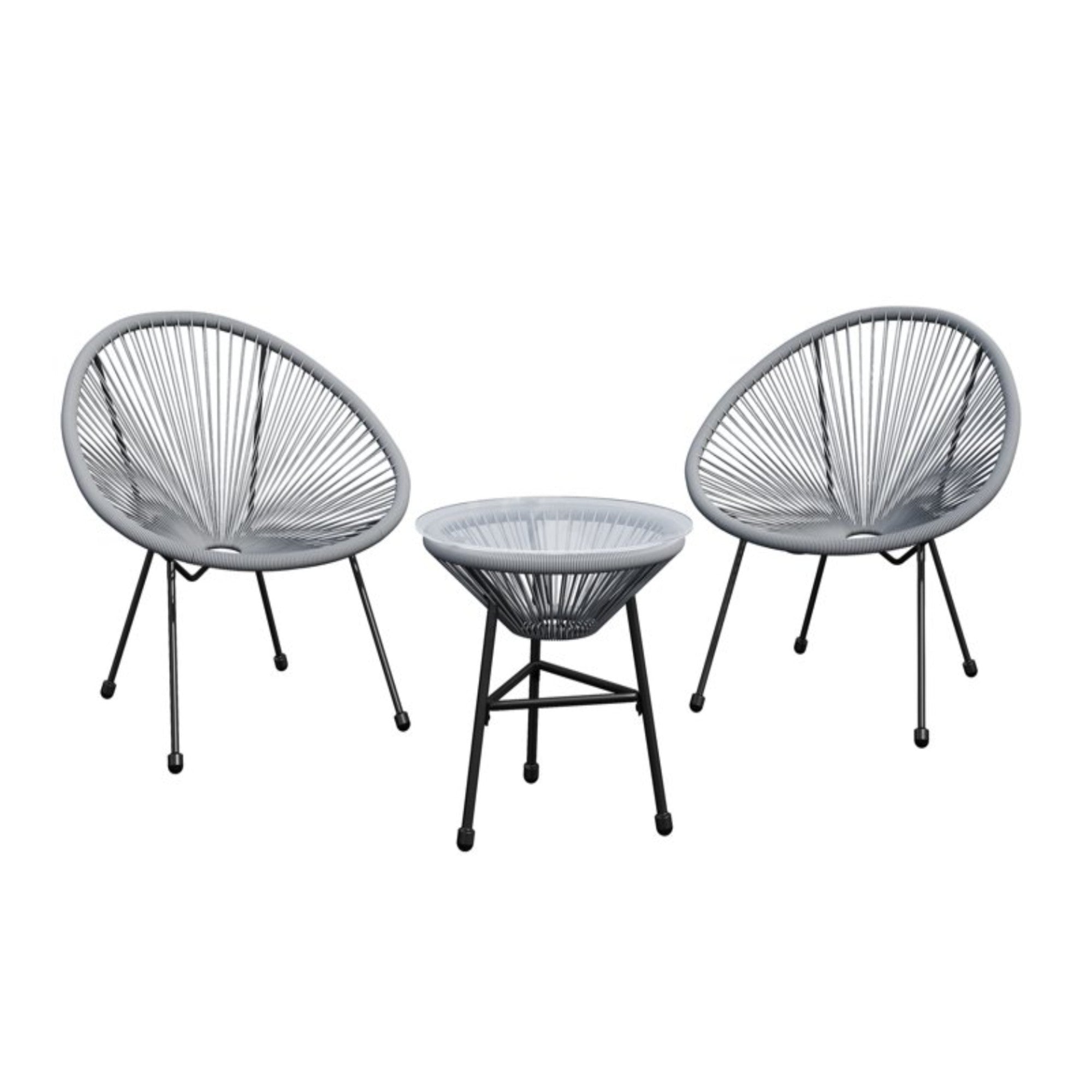 Acapulco-Style 3-Piece Patio Bistro Set with Gray PE Rattan Chairs & Tempered Glass Table