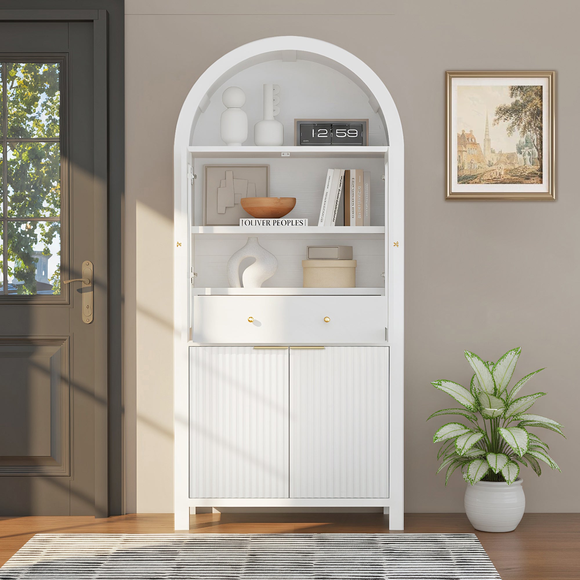 Fluted Arched Storage Cabinet with Adjustable Shelves