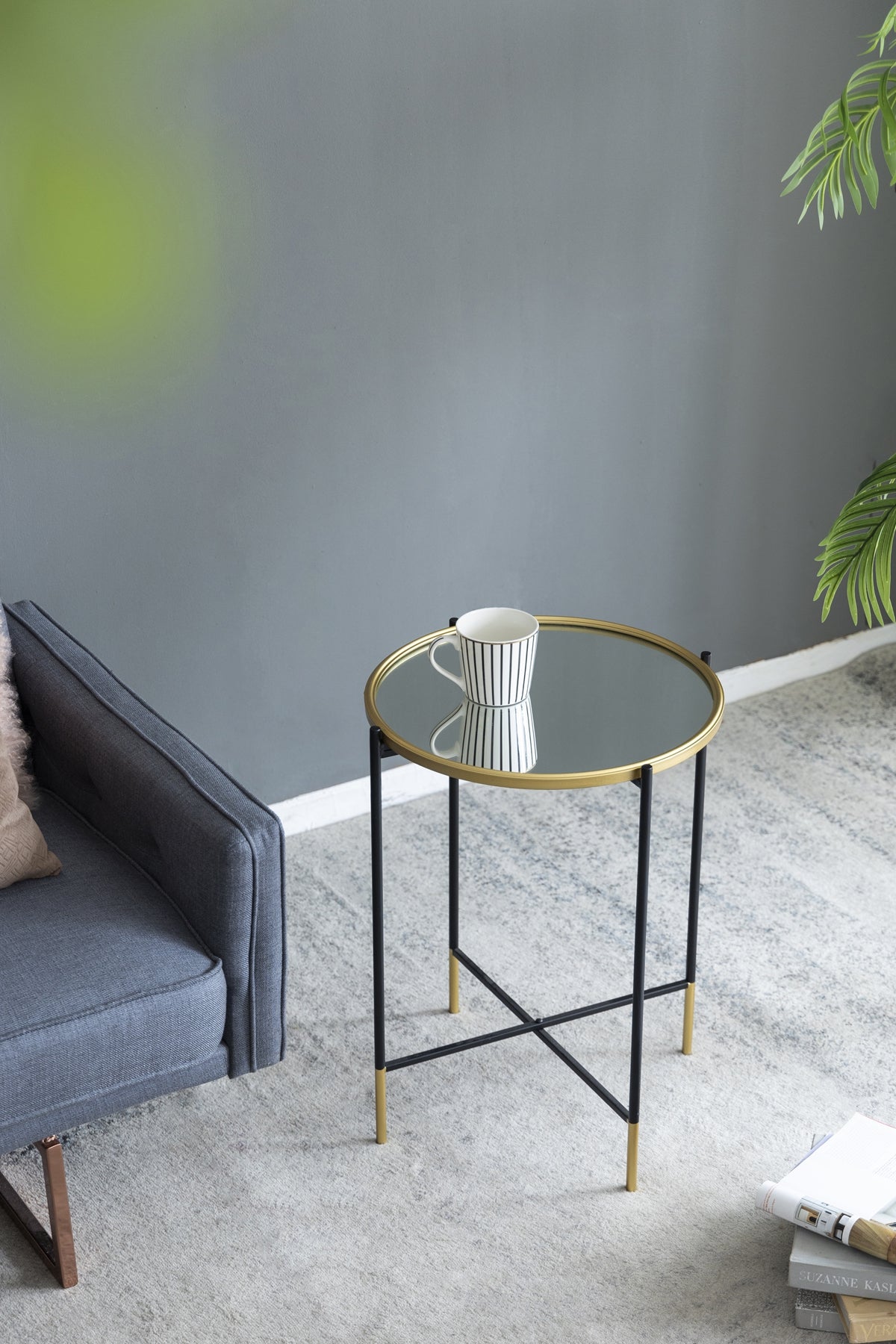 Set of 2 Gold and Black Iron Side Tables with Glass Top