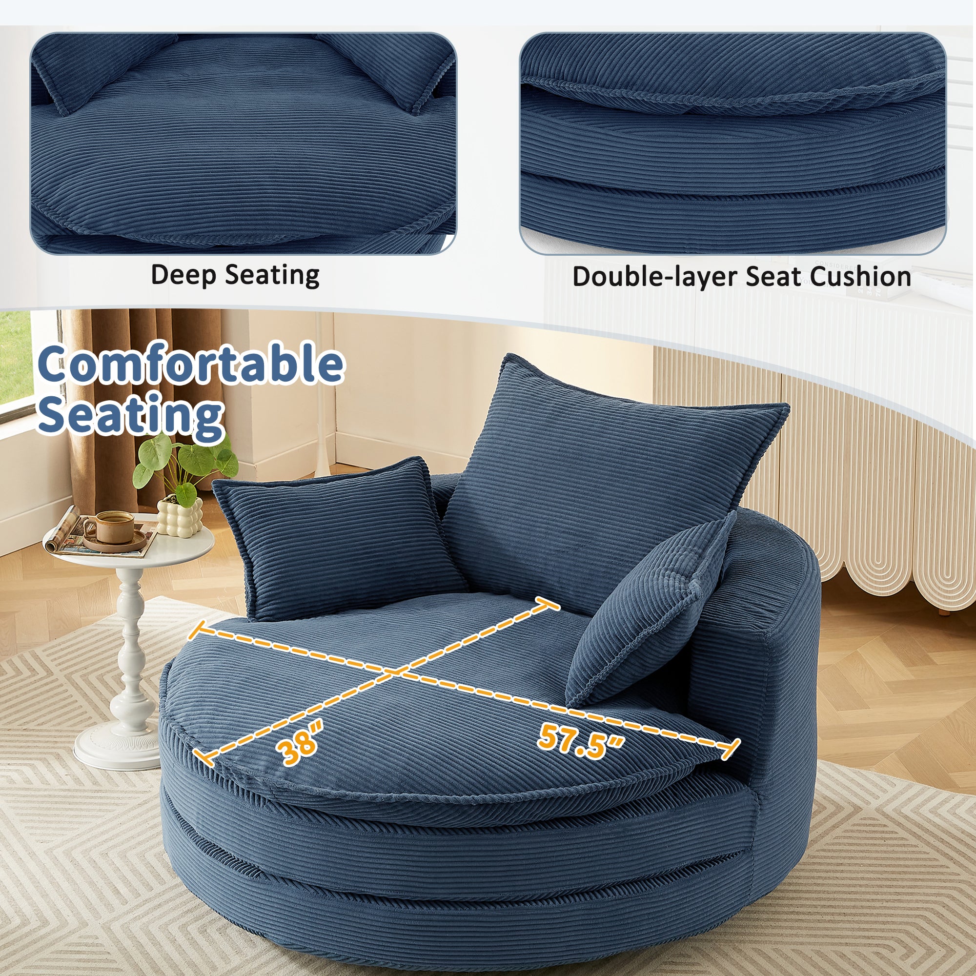 Corduroy 360° Swivel Accent Barrel Chair with 3 Removable Pillows