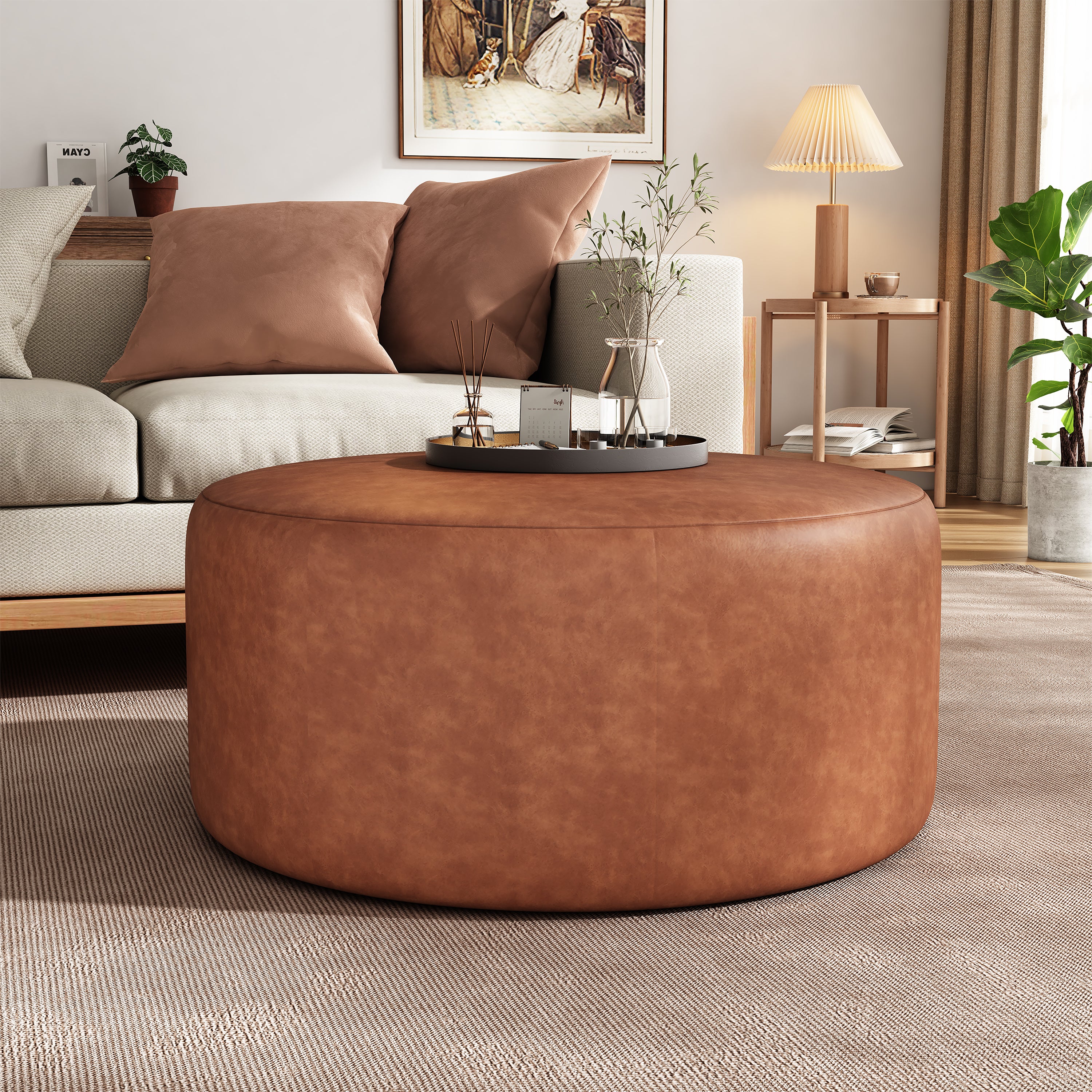Upholstered Round Vegan Leather Ottoman