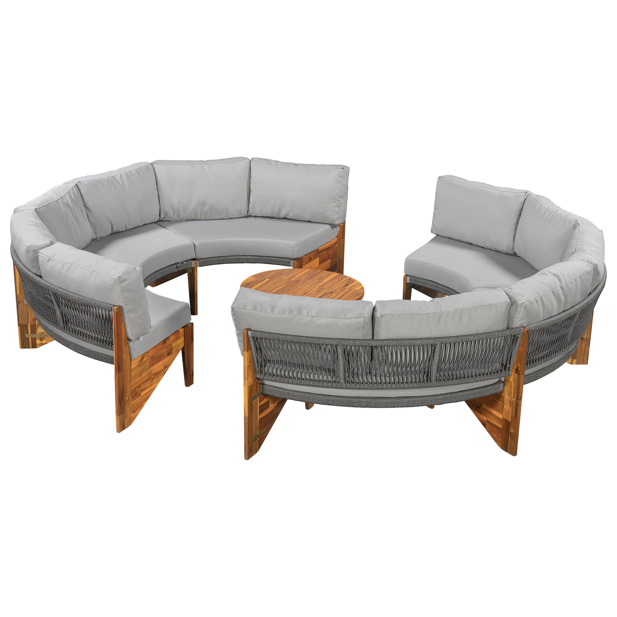 U_Style 3-Piece Outdoor Sofa Set for 6, 2 Semi-Circle Sofas + Acacia Wood Coffee Table, Weather-Resistant Patio Couch Set, Comfortable Garden & Backyard Furniture(old sku:WY000428AAA)