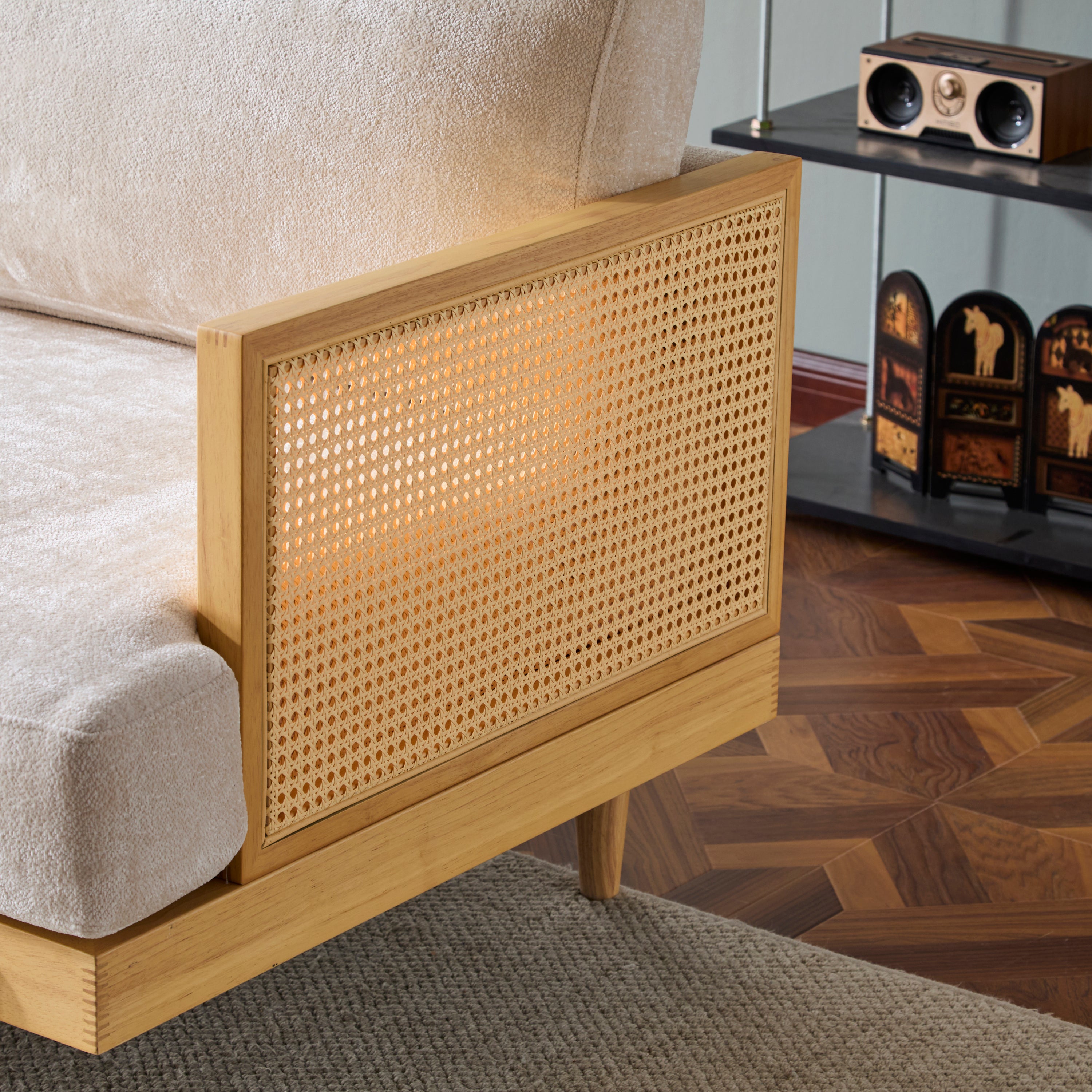3-Seater Sofa with Cane Rattan and Wooden Frame