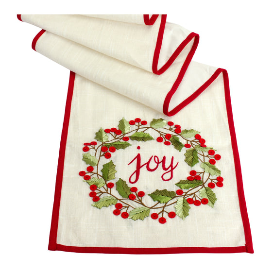 Joy Embroidered Holly Berry Wreath Table Runner 72"