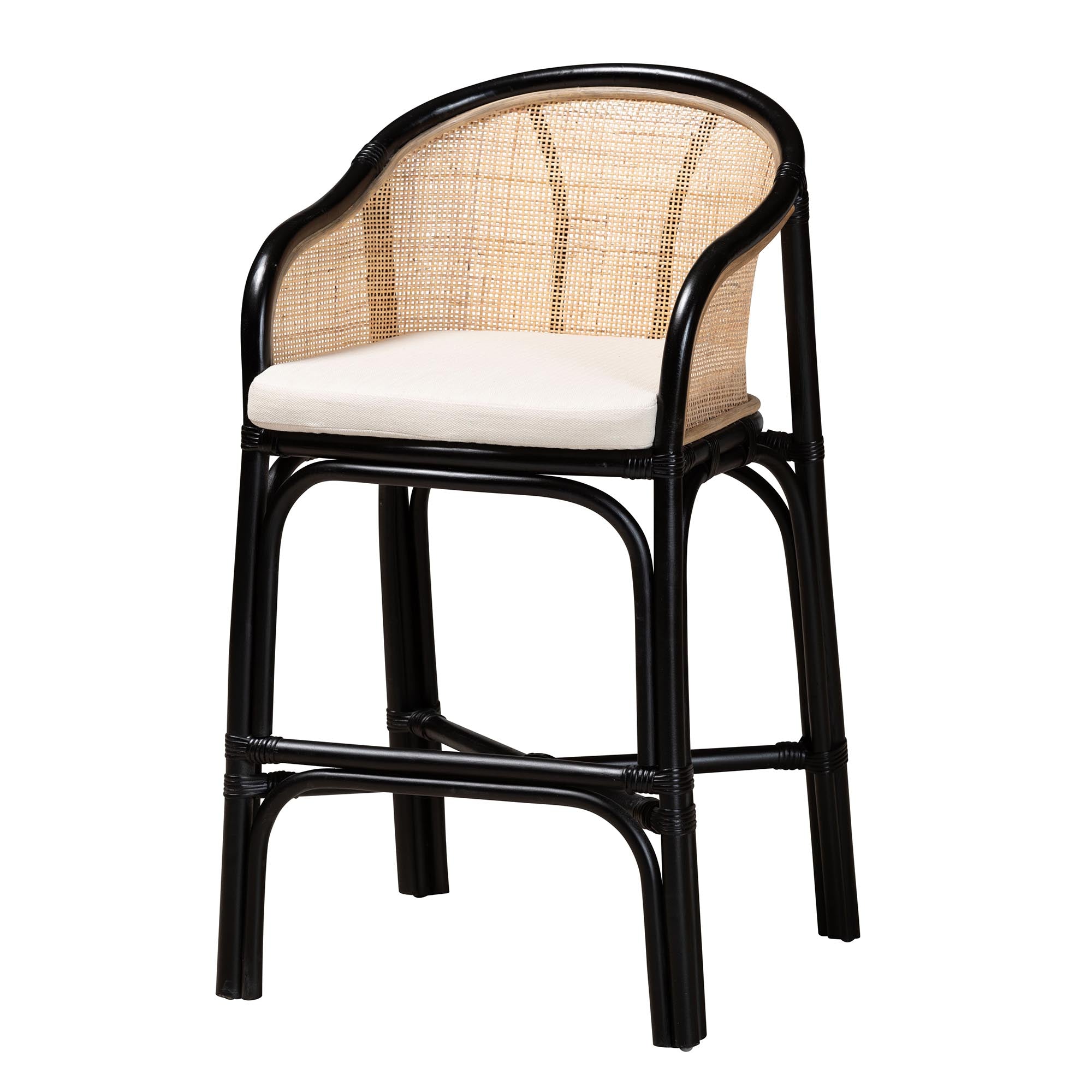 Modern Bohemian Two-Tone Black and Natural Brown Rattan Counter Stool
