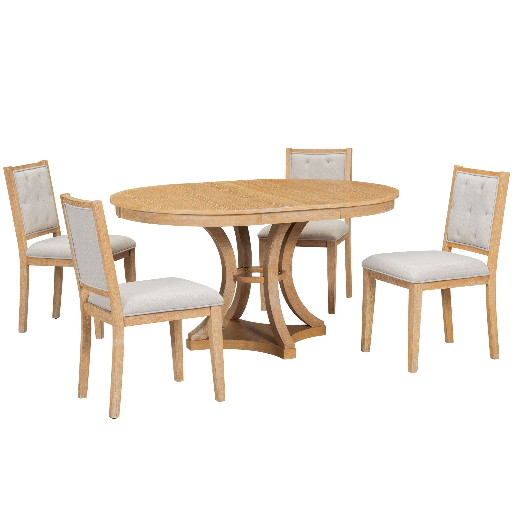 Retro Round Dining Table Set with Extendable Round Table and 4 Upholstered Chairs