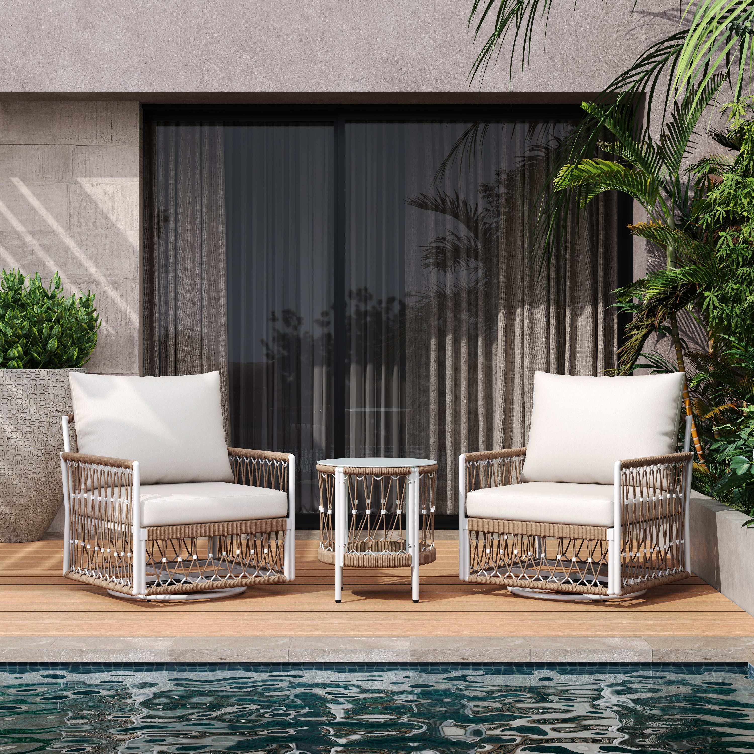 Caspian 3-Piece Outdoor Handwoven Rope Conversation Set with Swivel Chairs