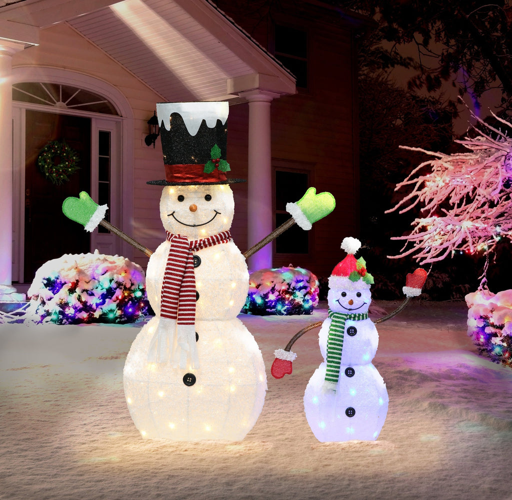 Lighted Outdoor 2-Piece Snowmen Set with Warm White & Blue LED Lights
